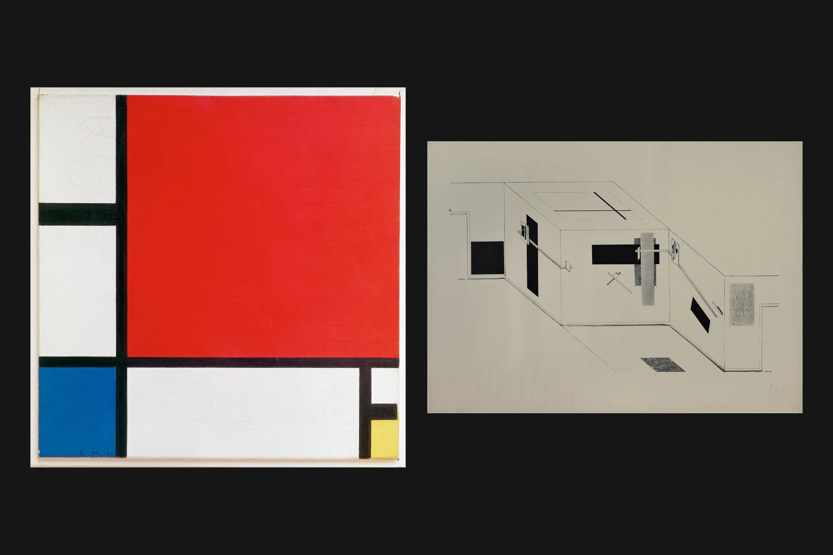 Mondrian's grid of red, blue and yellow planes on black horizontals and verticals beside Lissitzky's Proun Room drawn on a slanting oblique axis