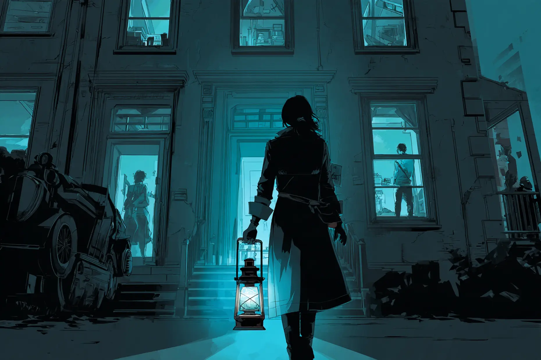 A leader walking away from a lit building at night, carrying a lantern