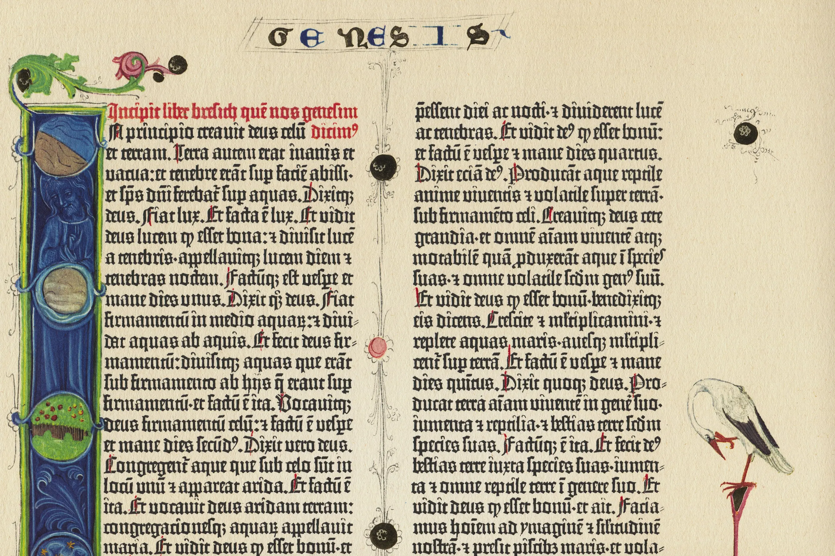 Blackletter Textura type and rubrication on a Gutenberg Bible Genesis page