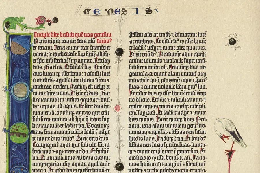 Blackletter Textura type and rubrication on a Gutenberg Bible Genesis page