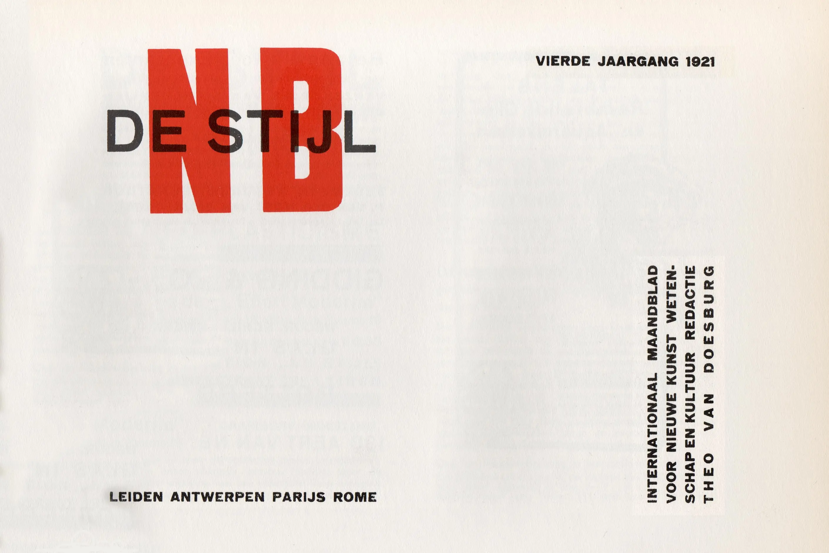 A journal cover with DE STIJL in black over a large red NB, the rest set in small black sans capitals on white