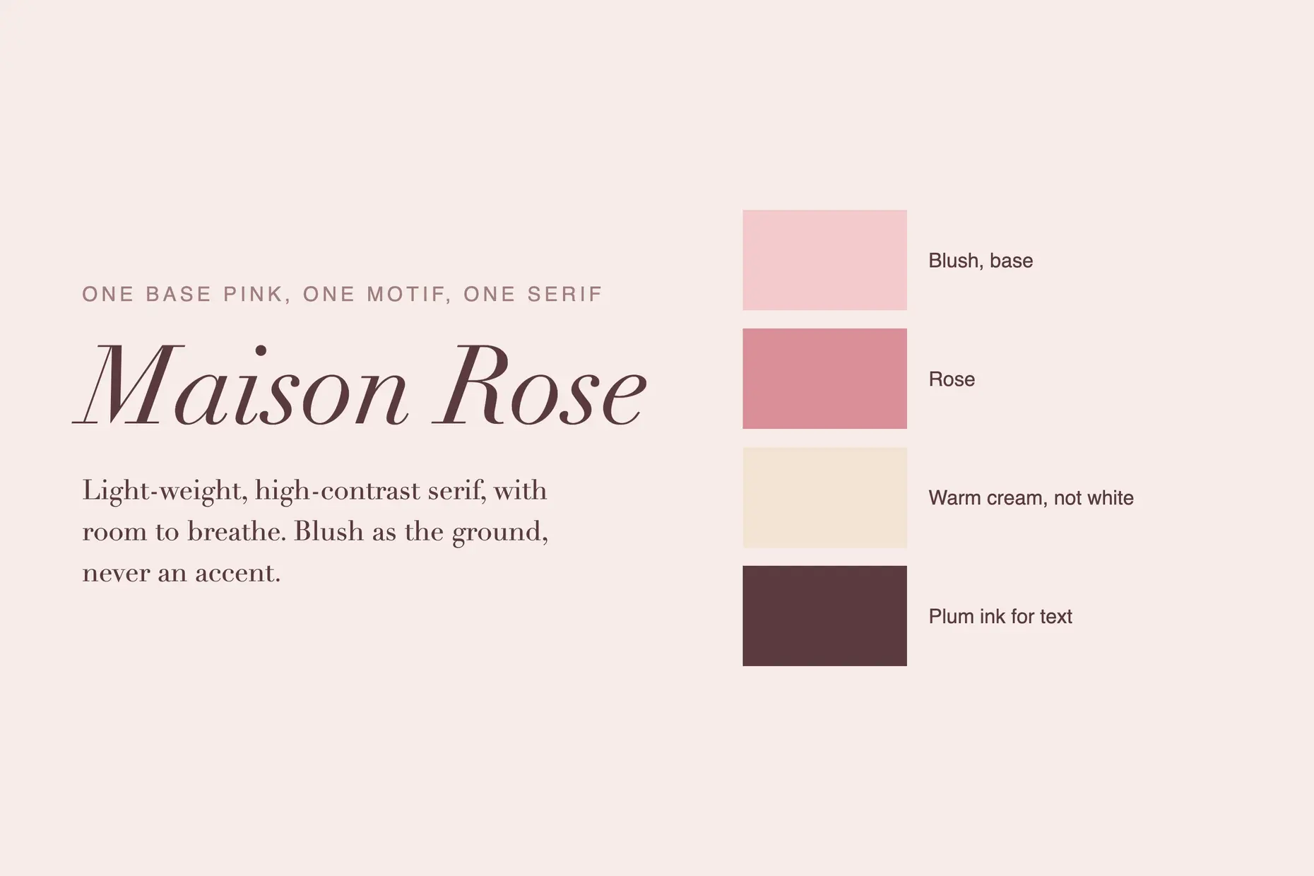 A brand specimen on blush: an italic high-contrast serif wordmark beside four swatches of blush, rose, warm cream and plum