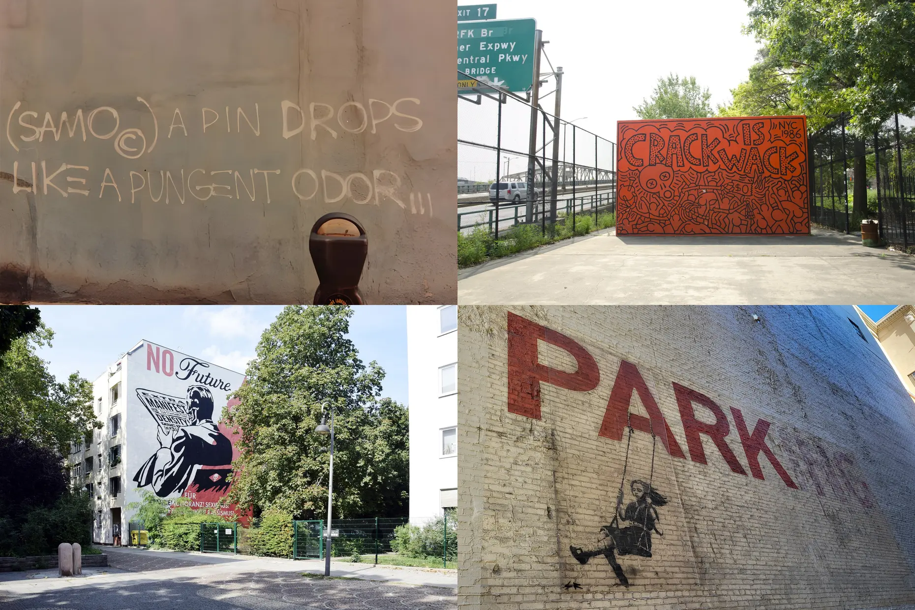 Four graffiti works: Basquiat's 1979 SAMO tag, Haring's Crack is Wack, Fairey's No Future, Banksy's swing girl