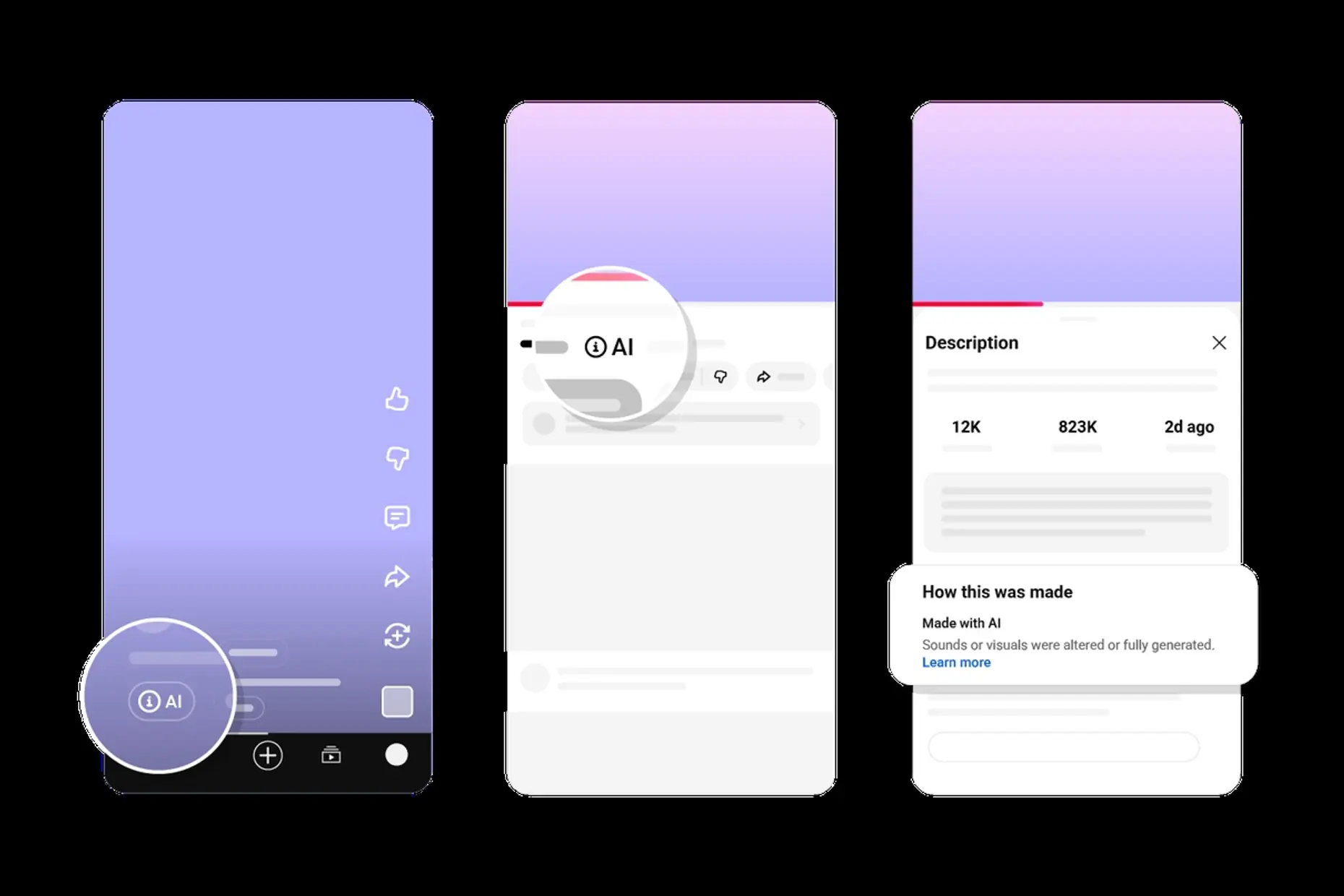 YouTube mobile interface showing the AI content disclosure label and how this was made panel