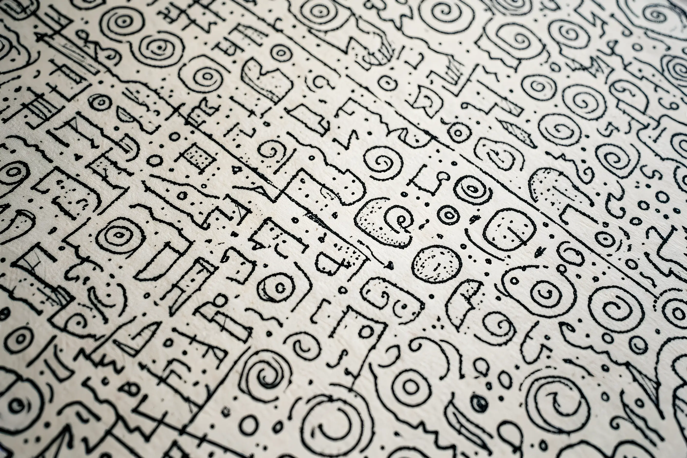 Paper filled edge to edge with hand-drawn black ink spirals, loops, stippling and zigzags, each mark slightly different
