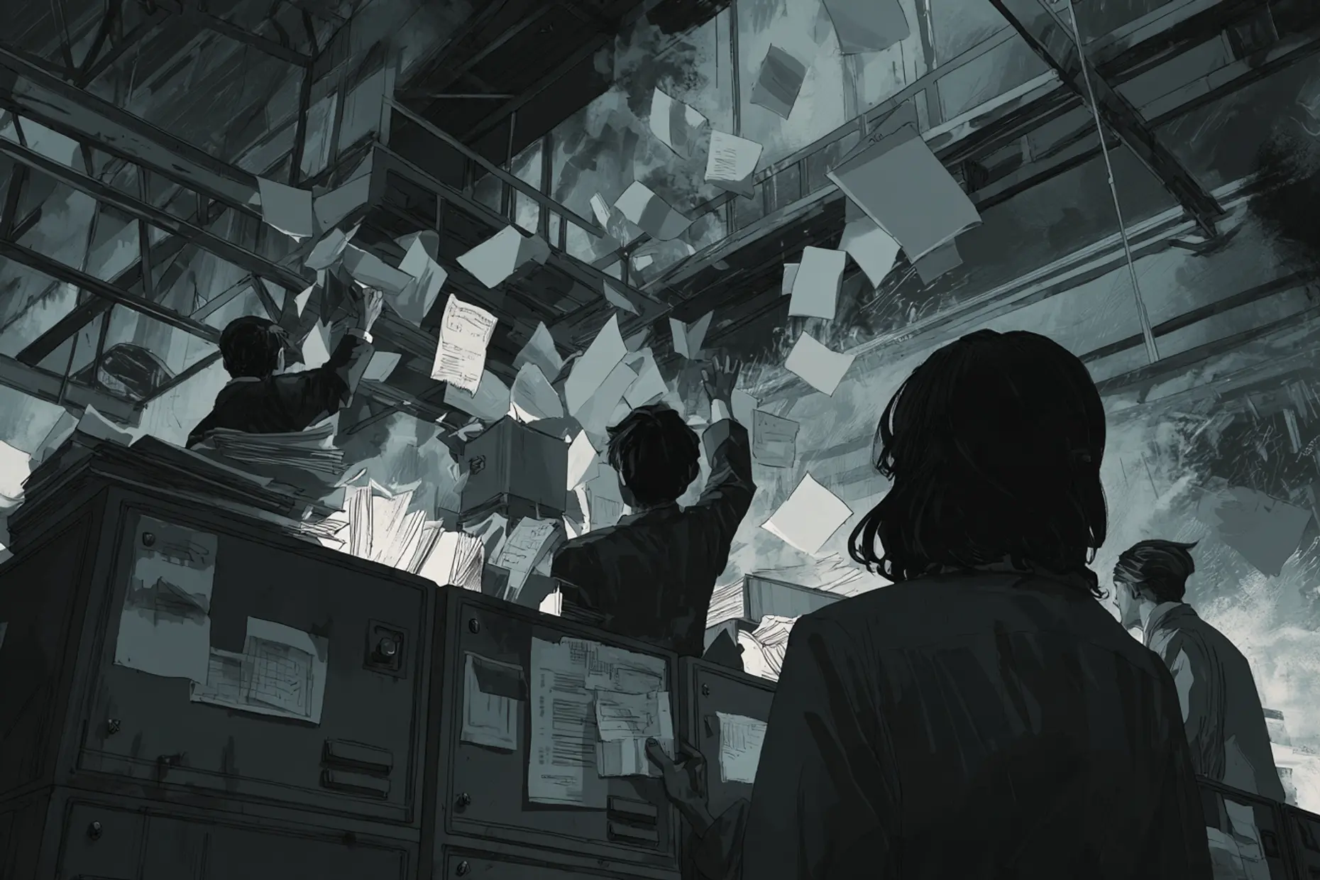 Papers flying across a crowded factory office as workers try to catch them