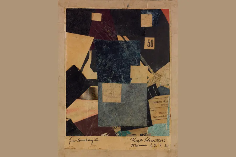 Geometric collage layering fabric, coloured paper and a printed number fifty