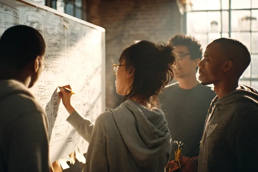 A team gathers at a whiteboard covered in sketches while one woman adds a note with a marker