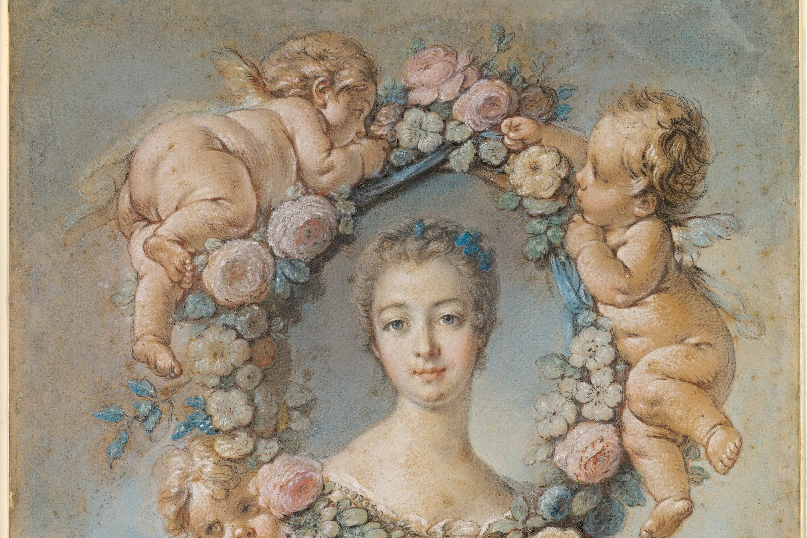A pastel portrait of a woman framed by a garland of pink roses held by sleeping cherubs, on a soft blue ground