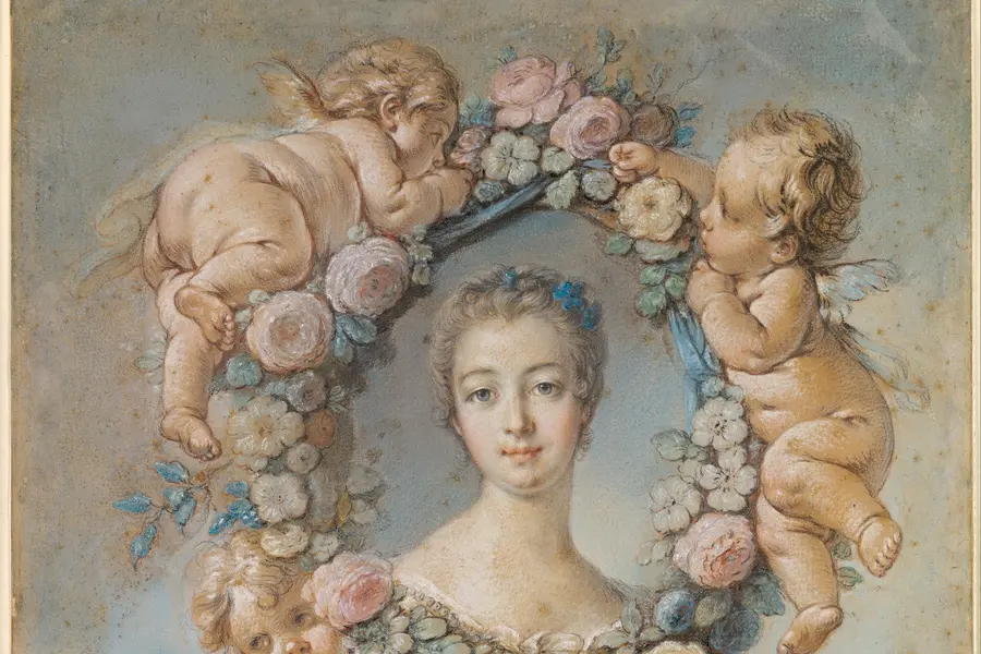 A pastel portrait of a woman framed by a garland of pink roses held by sleeping cherubs, on a soft blue ground