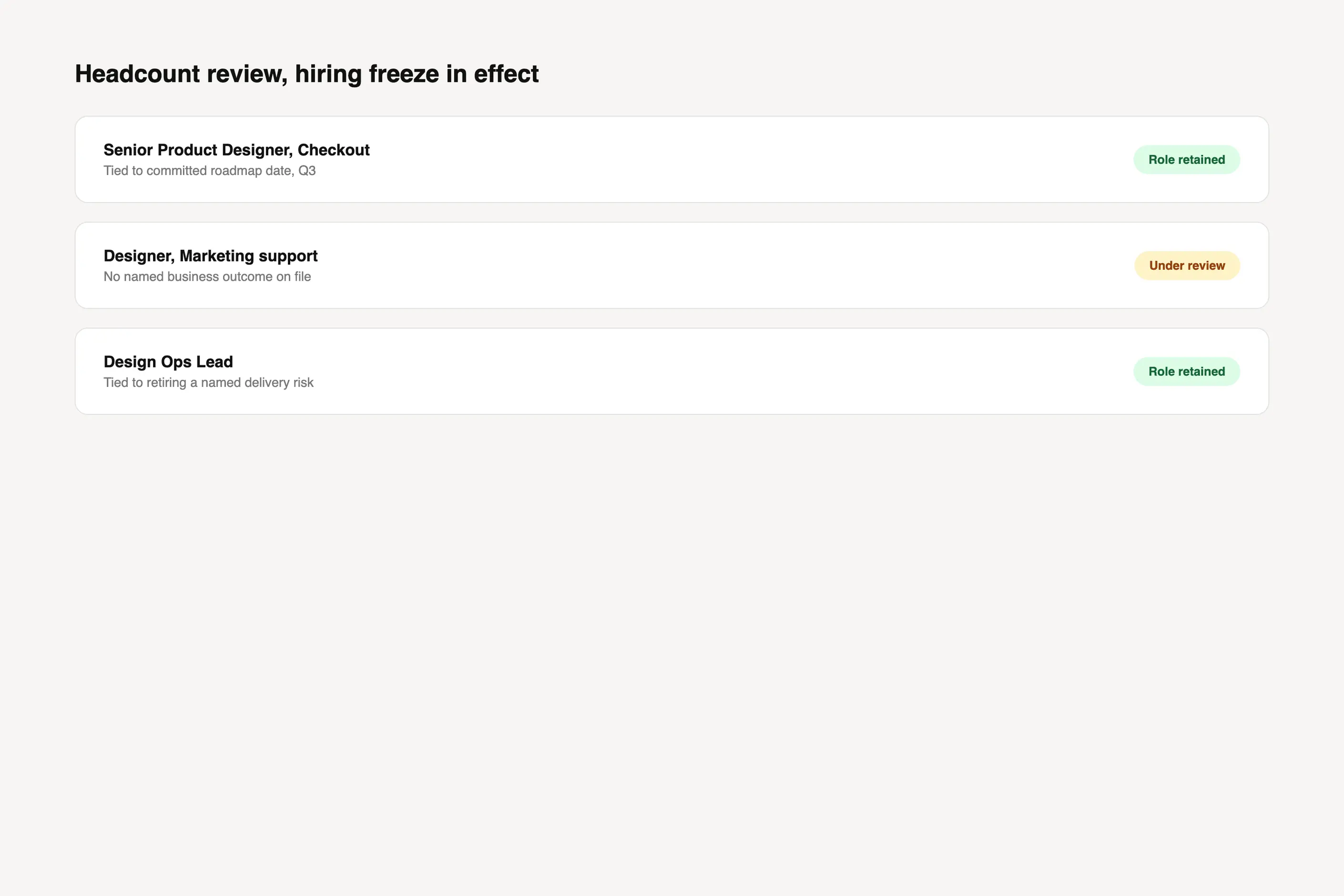 Headcount review list showing roles retained or under review during a hiring freeze