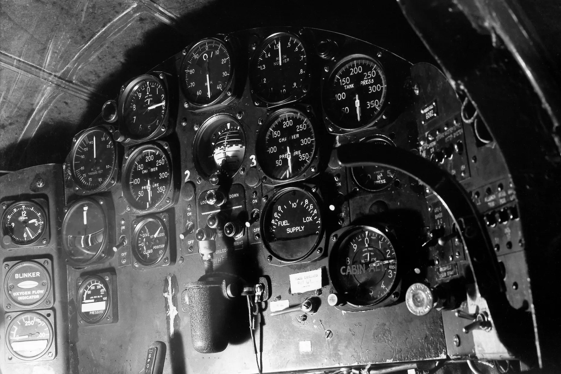 Dense cockpit instrument panel with round gauges for altitude, fuel and pressure