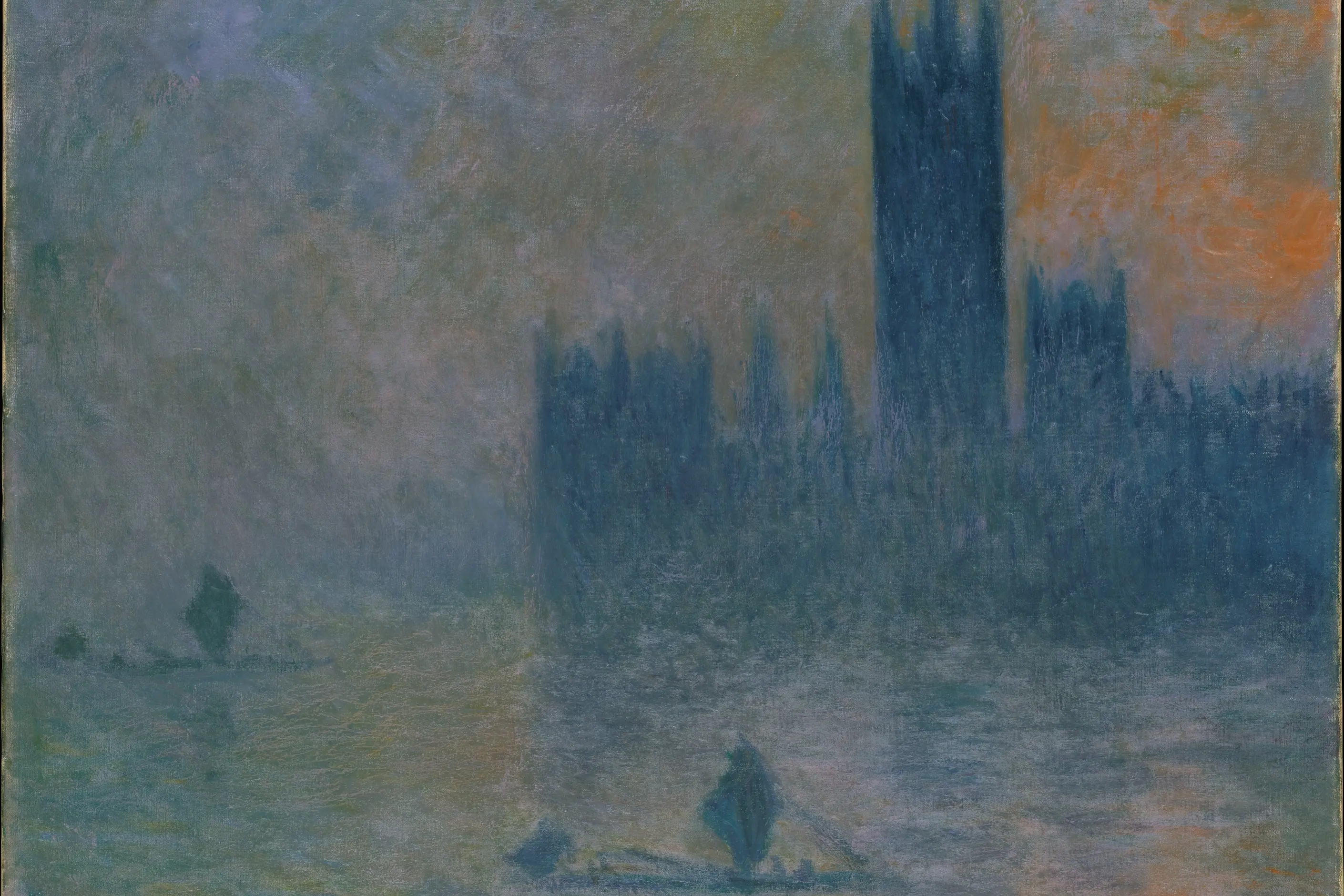 The Houses of Parliament as a dark blue silhouette through violet and orange fog above the Thames