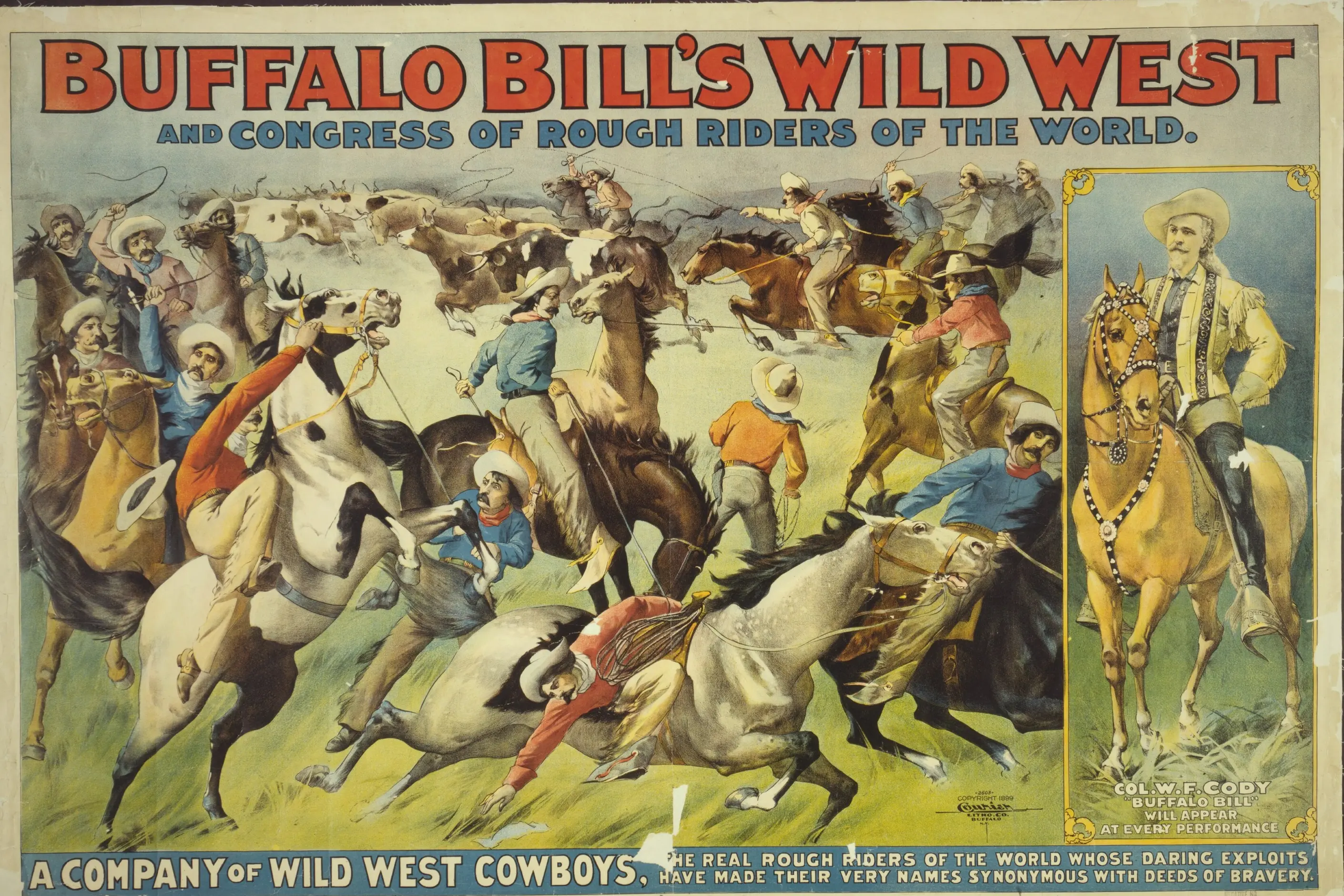 Buffalo Bill's Wild West poster with bold slab serif title and a lithographed rough riders scene
