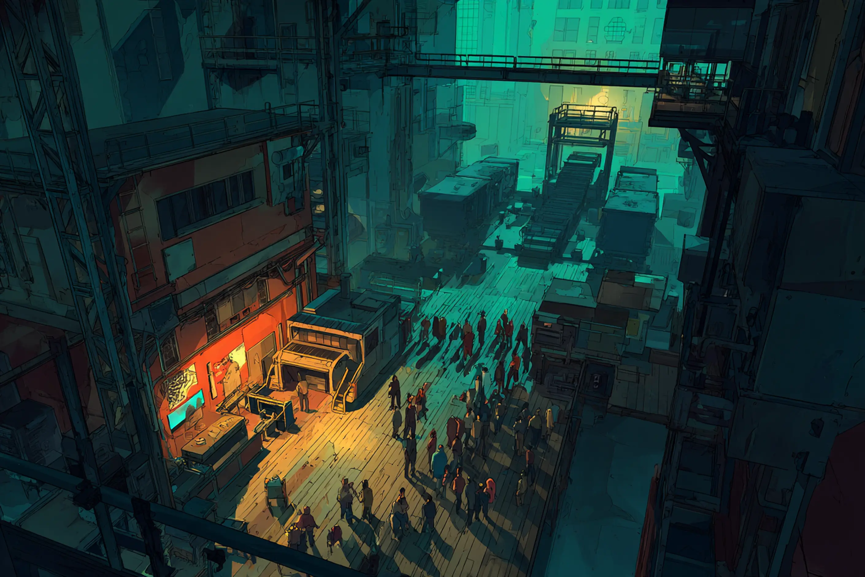 A crowd gathers in a lit corner of a vast industrial yard, seen from high above