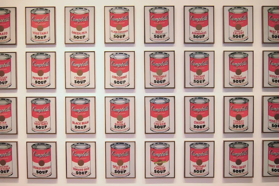 Warhol's Campbell's Soup Cans, 32 canvases hung in a grid of four rows at MoMA