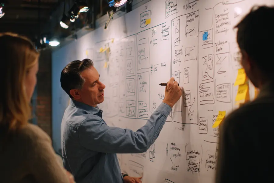 A man sketching on a whiteboard wall of boxes and sticky notes as two colleagues look on