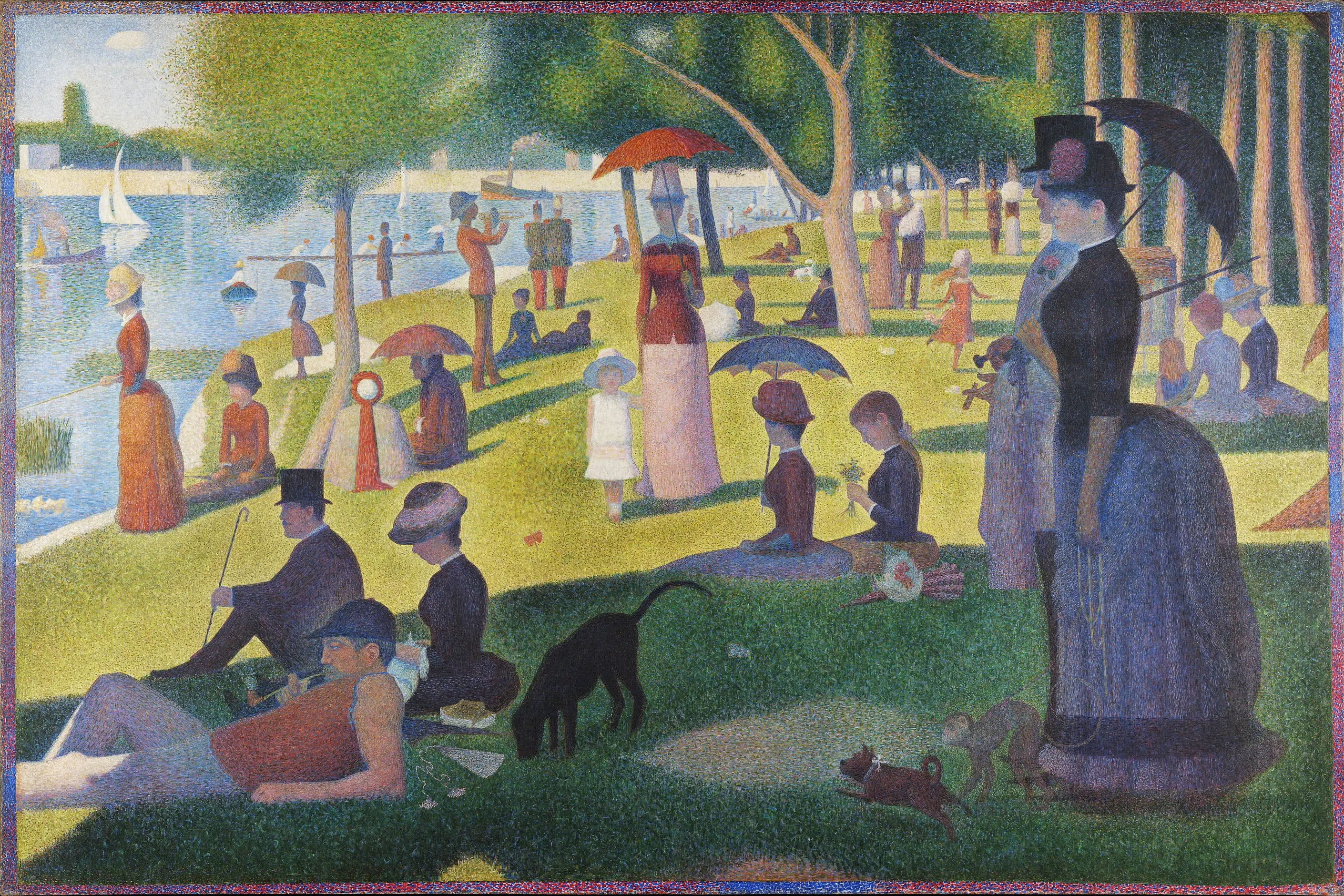 Crowds relaxing on a riverside lawn painted entirely in small dots of pure colour