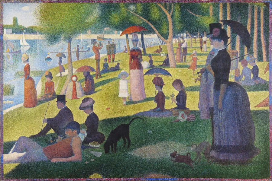 Crowds relaxing on a riverside lawn painted entirely in small dots of pure colour