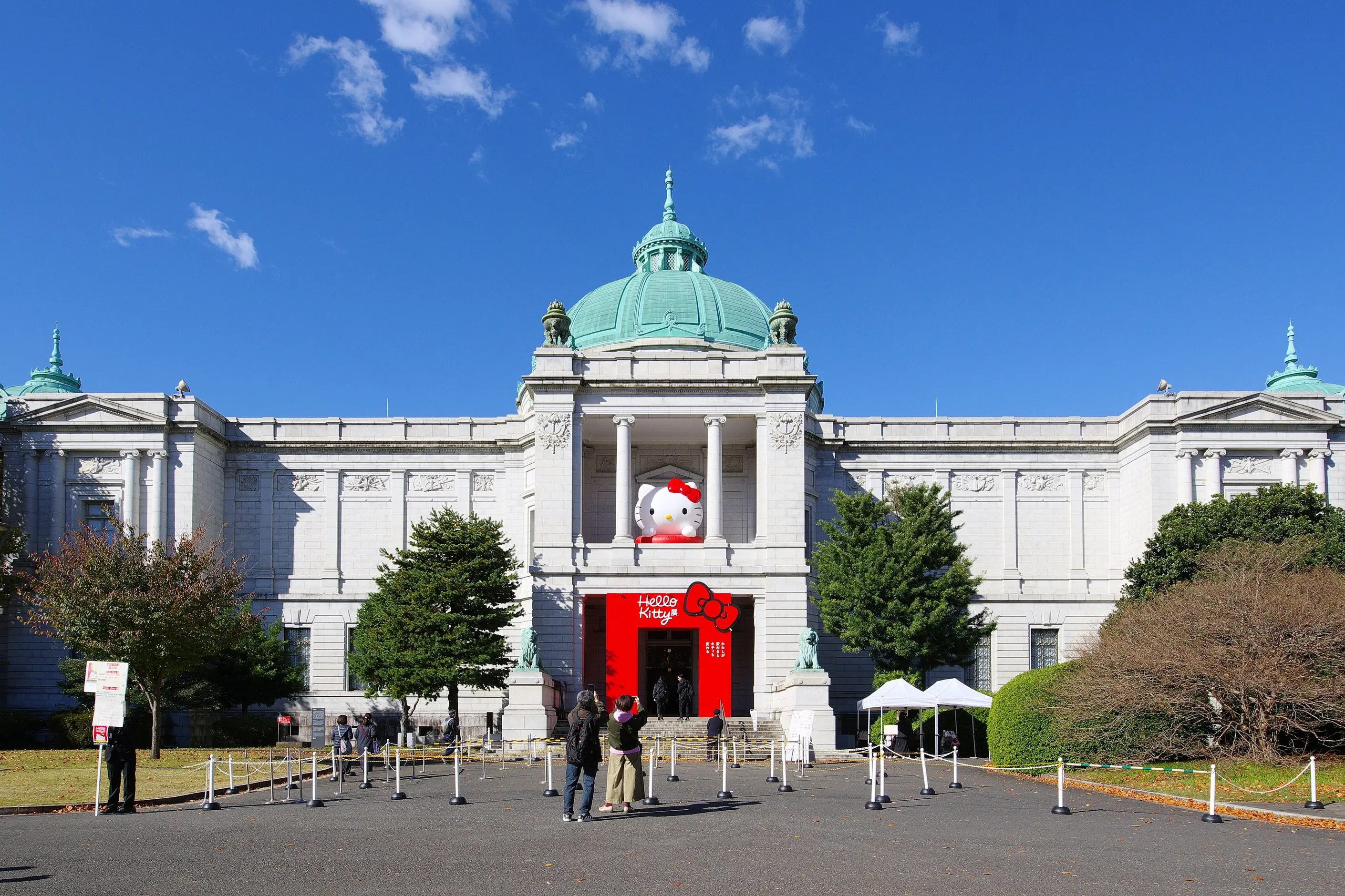 Giant Hello Kitty balloon inside Tokyo National Museum entrance for a 2024 exhibition