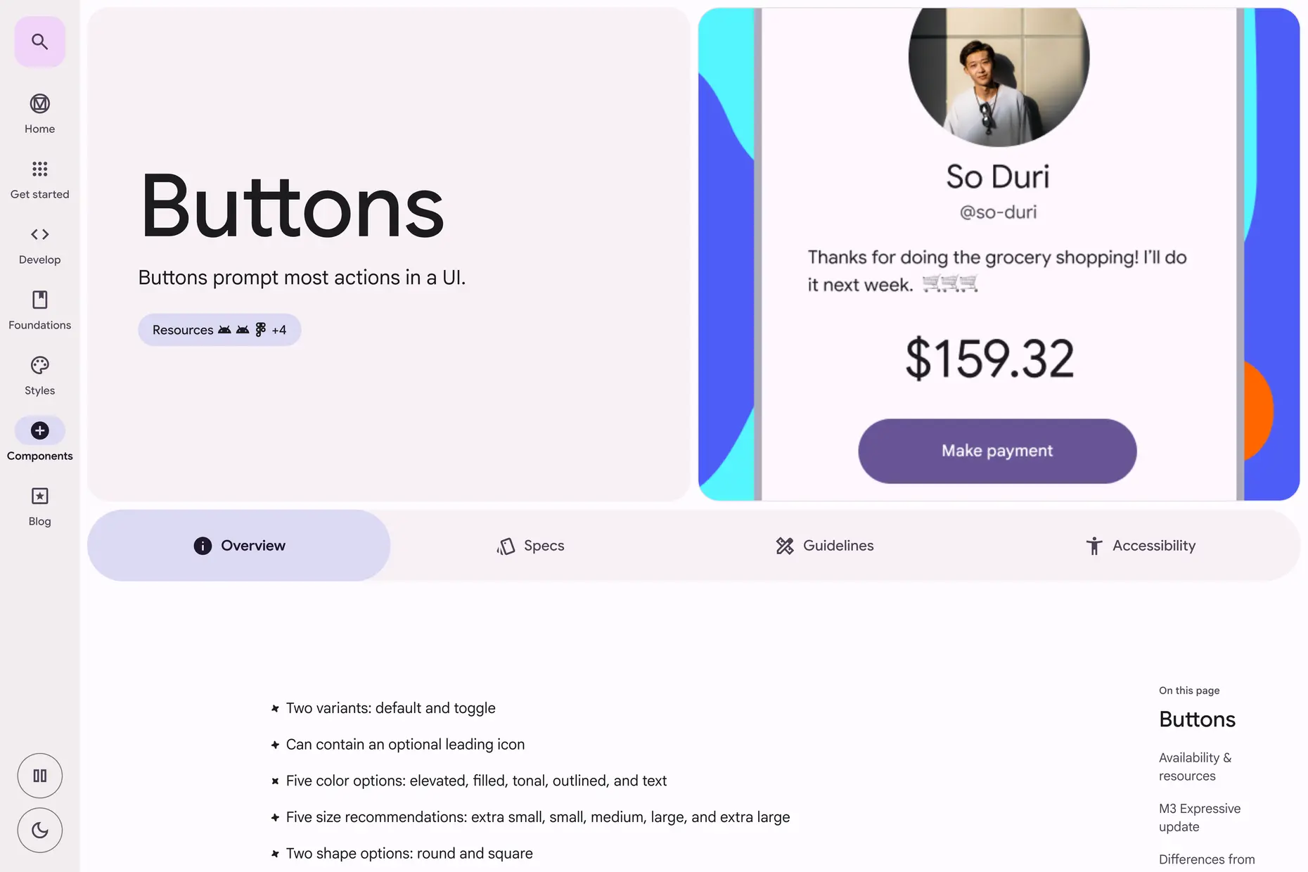 Material Design button guidelines page showing a payment app screen with a filled button