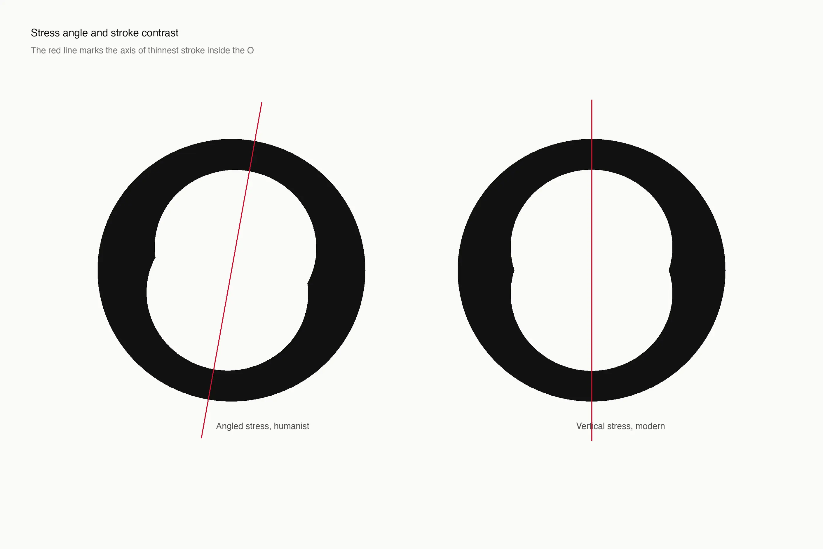 Two round letterforms with a red line marking an angled and a vertical stress axis