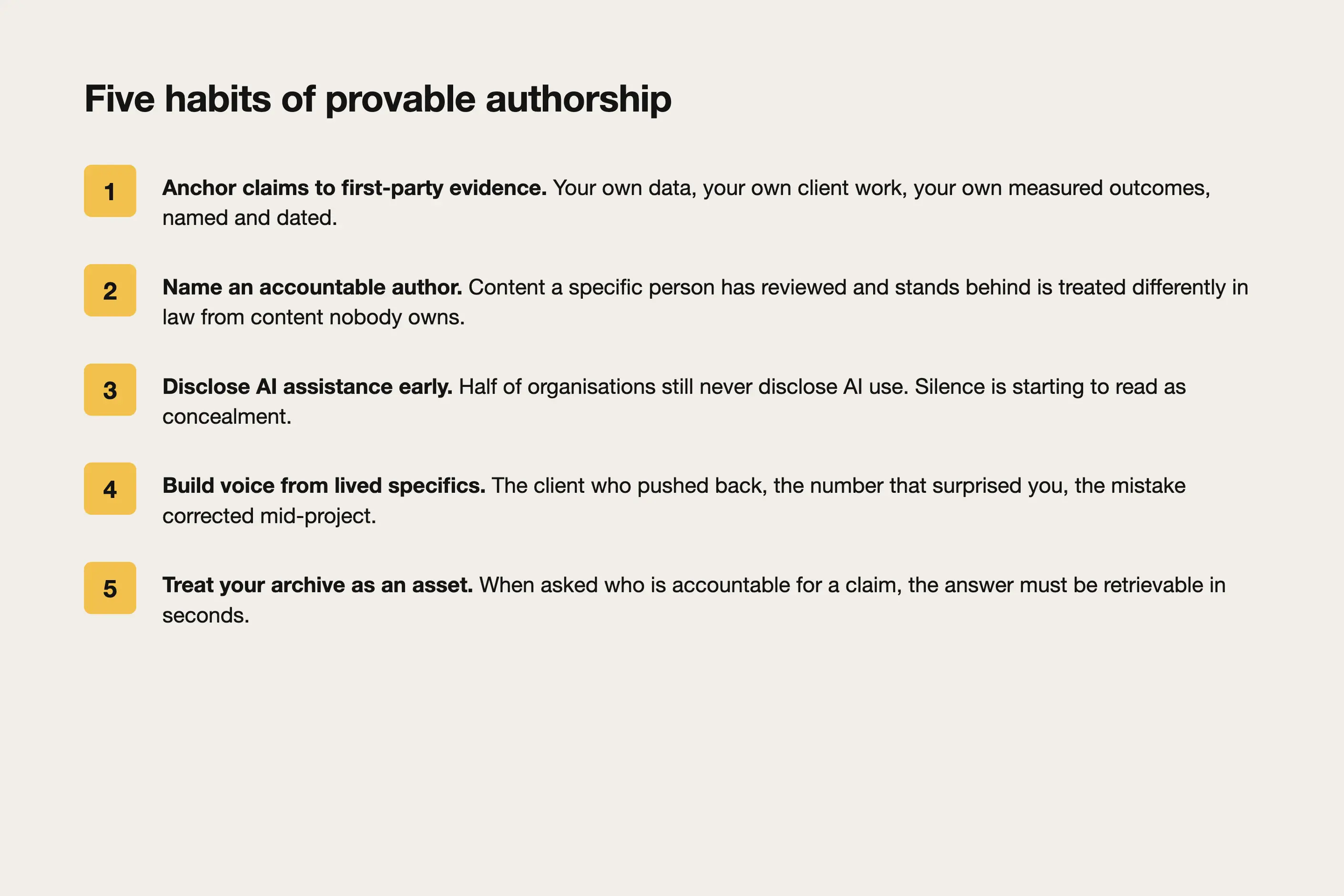 Diagram listing five habits of provable authorship for content teams