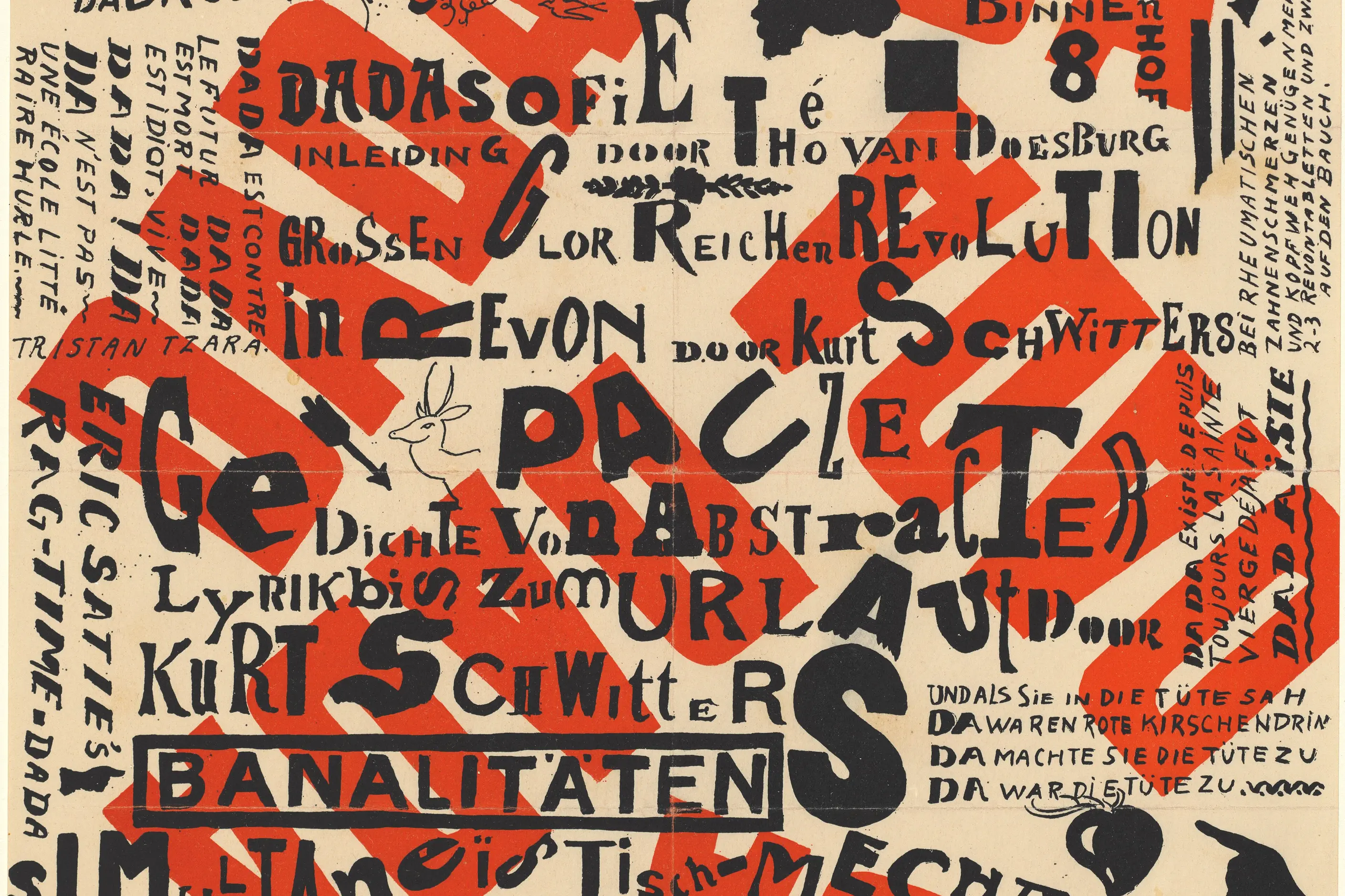 A poster crammed with black letters in clashing typefaces and sizes, stamped over with large red letterforms at angles