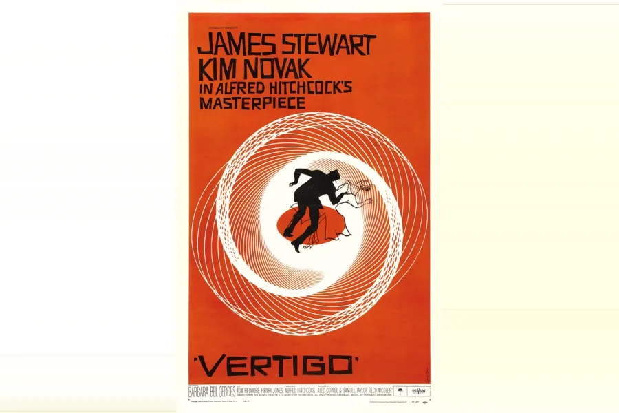 Orange spiral title poster for Vertigo with a falling silhouette figure