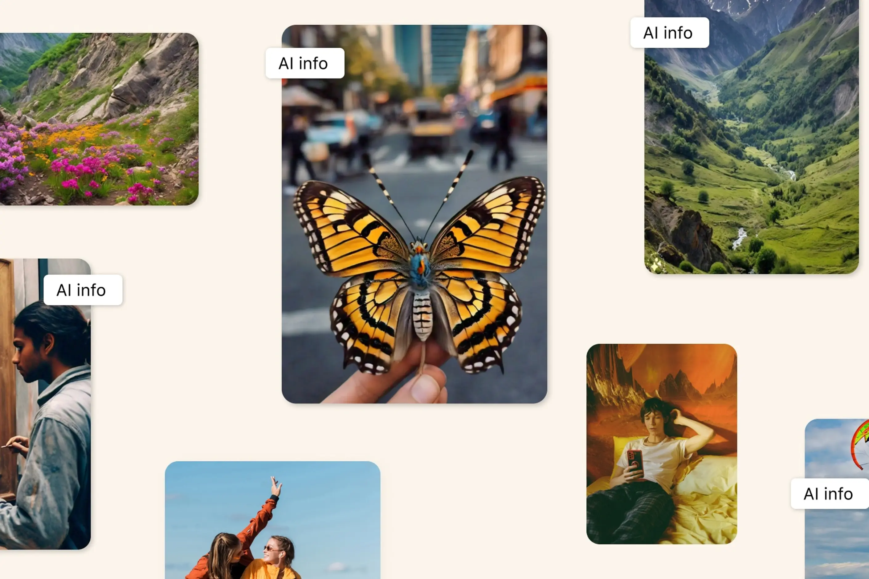 Social feed screens showing Meta's AI info disclosure label on generated images
