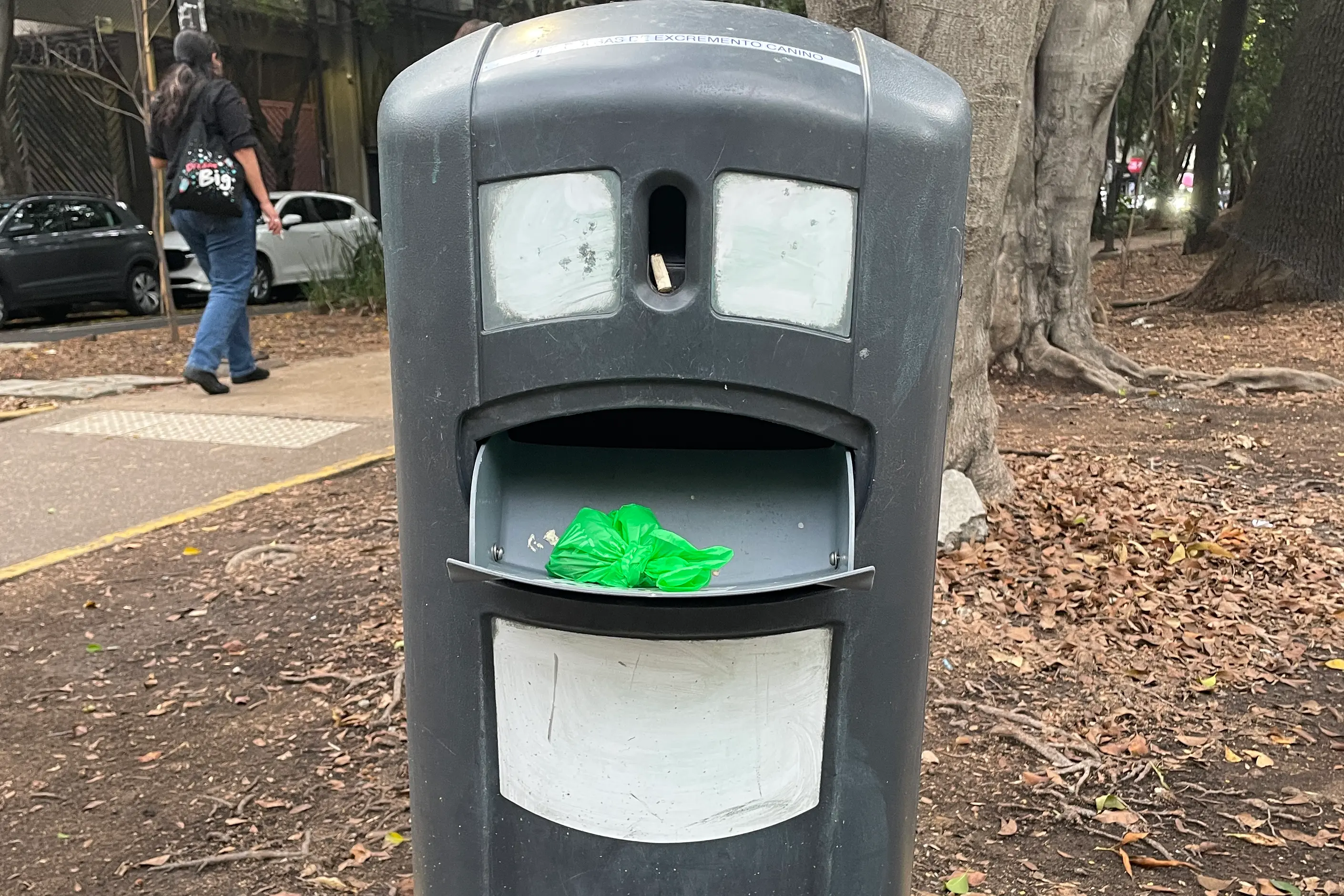 A grey street bin whose two windows and open flap read as a startled face, a green bag caught in its mouth