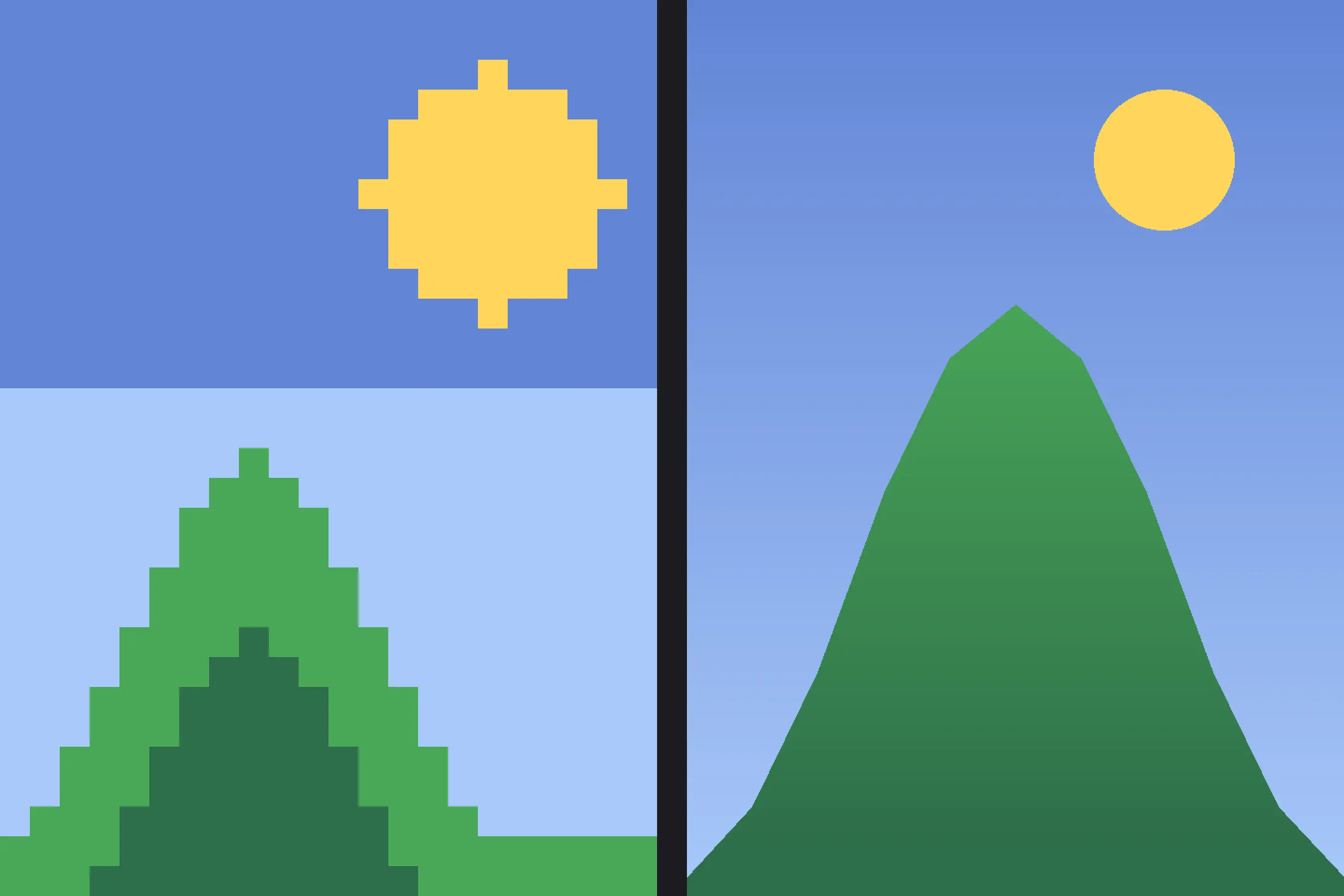 The same mountain and sun drawn once as blocky pixels and once as smooth vectors
