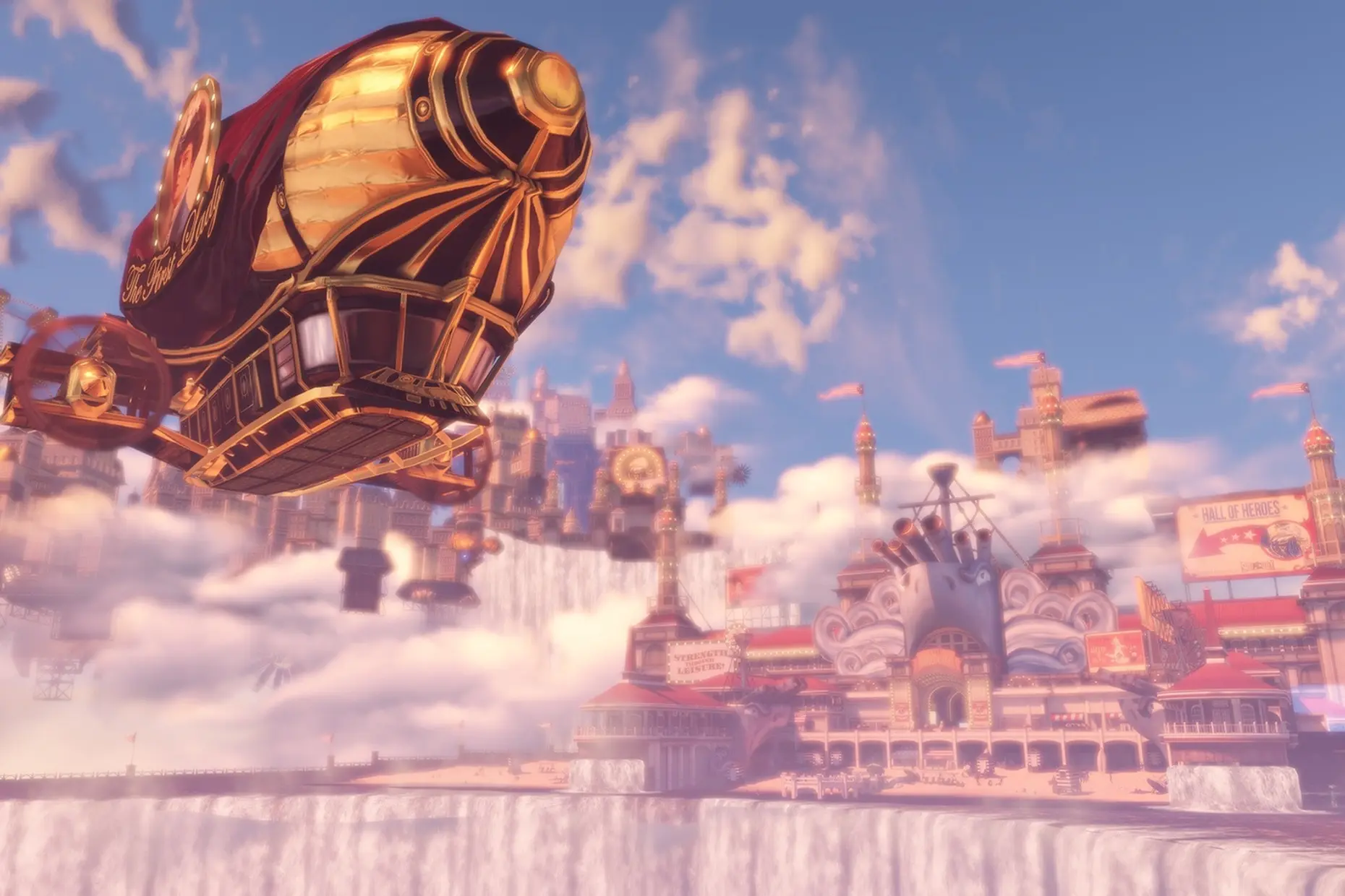 Golden airship floating above a cloud bound Victorian carnival city with a Hall of Heroes sign