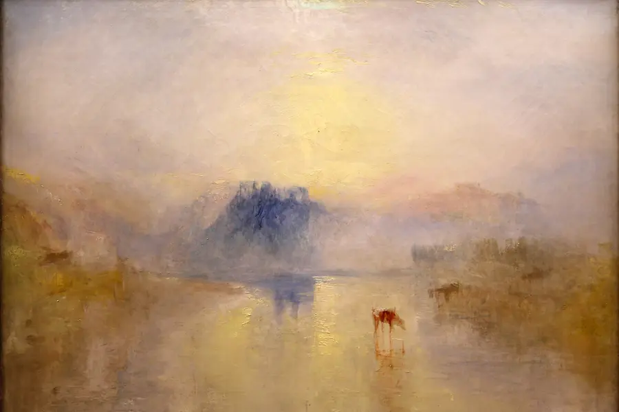 A late Turner landscape dissolved into mist: a pale gold sun over a blue castle silhouette and water, cattle faint in the foreground