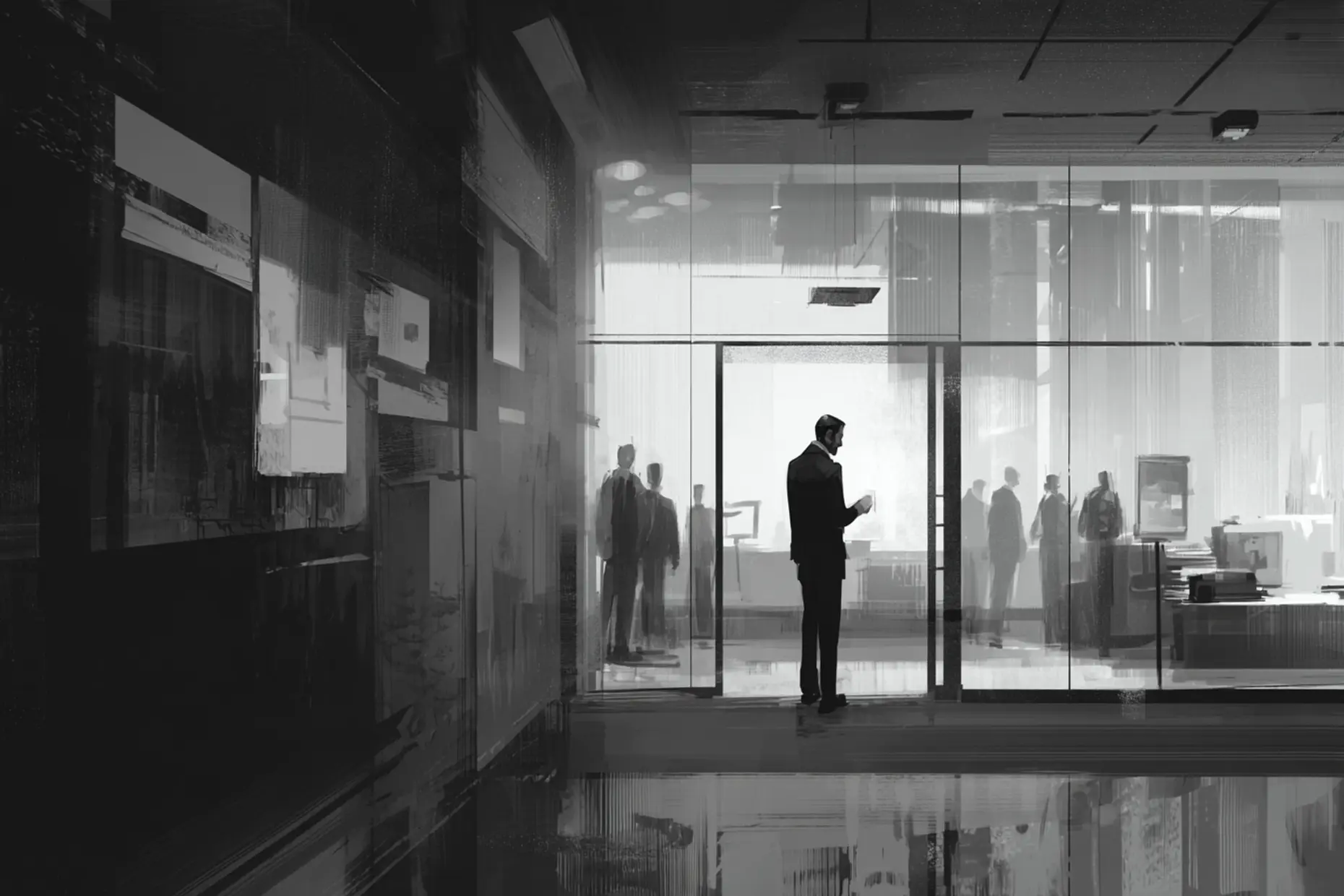 A lone executive standing in a glass office while teams walk past outside