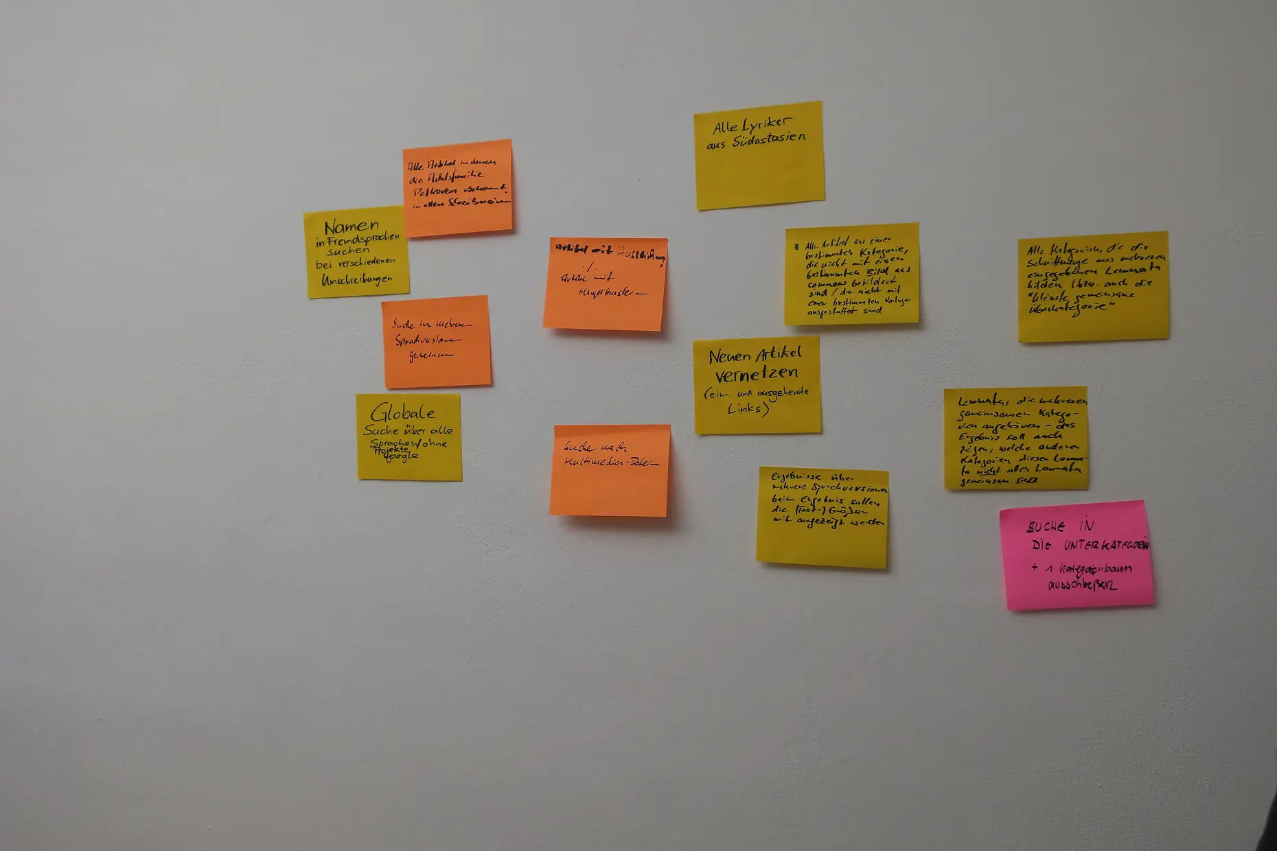 Wall covered in handwritten sticky notes grouped into task clusters