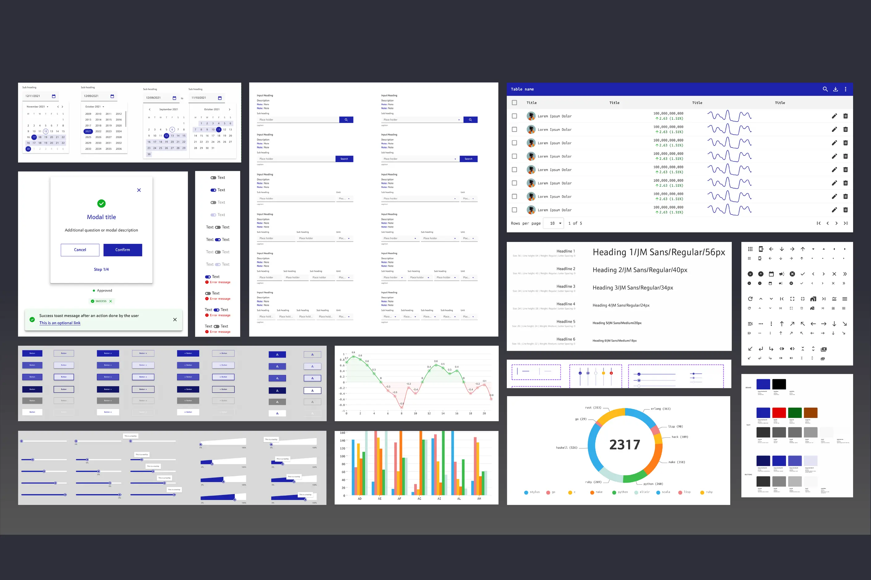 A sheet of production interface components: date pickers, a modal, forms, tables, charts, a donut chart and colour swatches