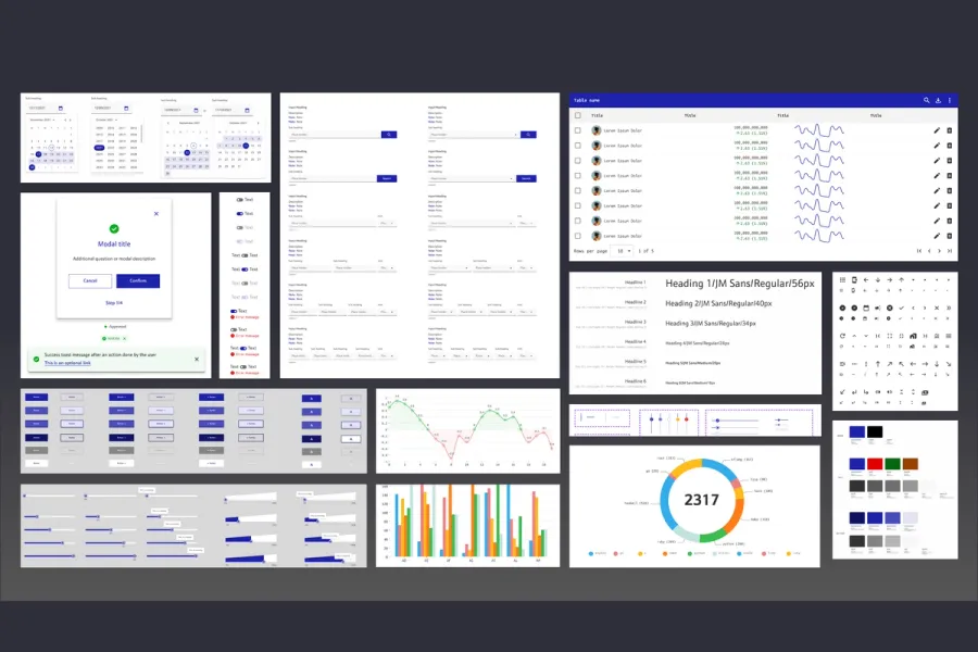 A sheet of production interface components: date pickers, a modal, forms, tables, charts, a donut chart and colour swatches