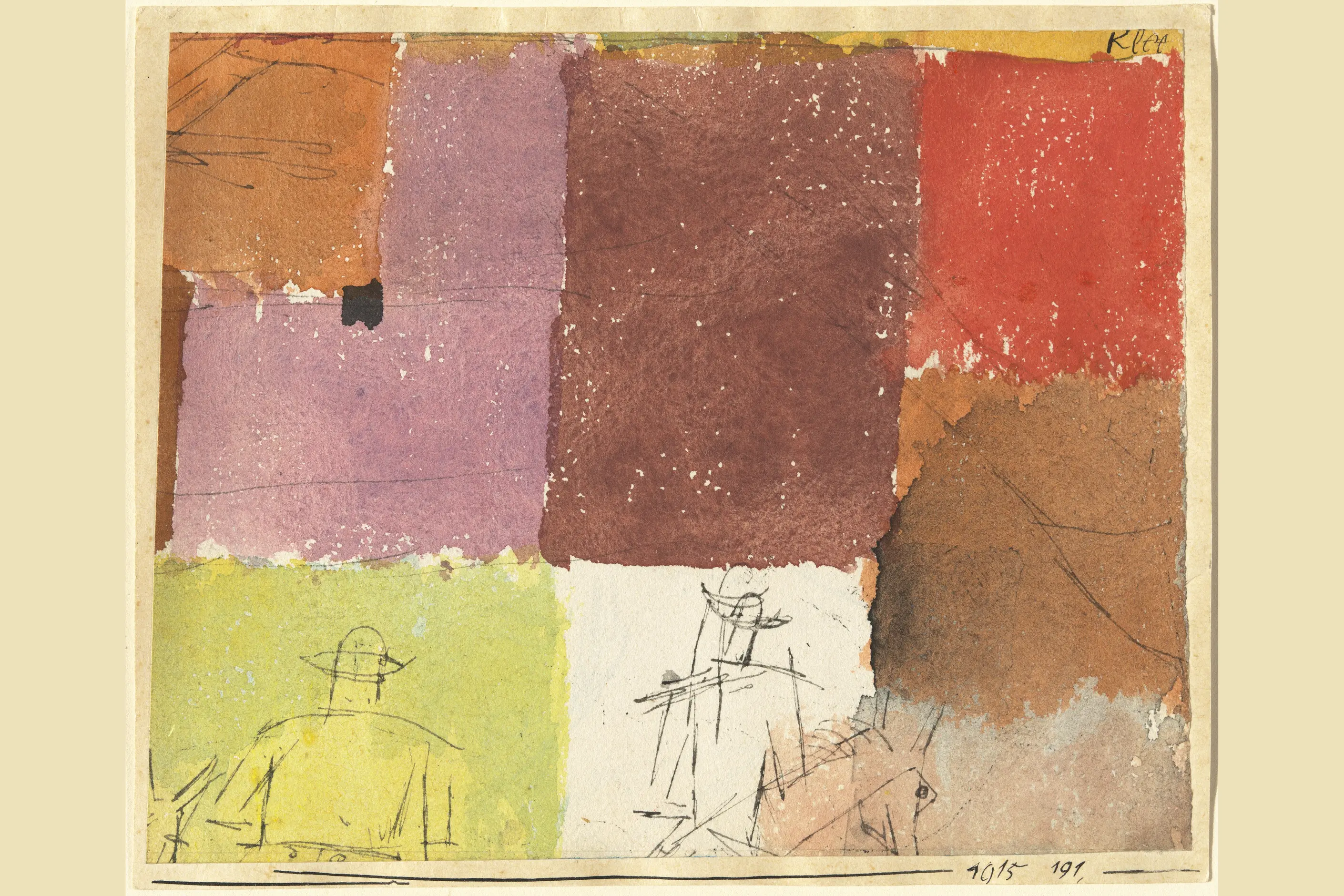 Patches of watercolour in rose, brown, yellow and red with loose pen figures scratched over them