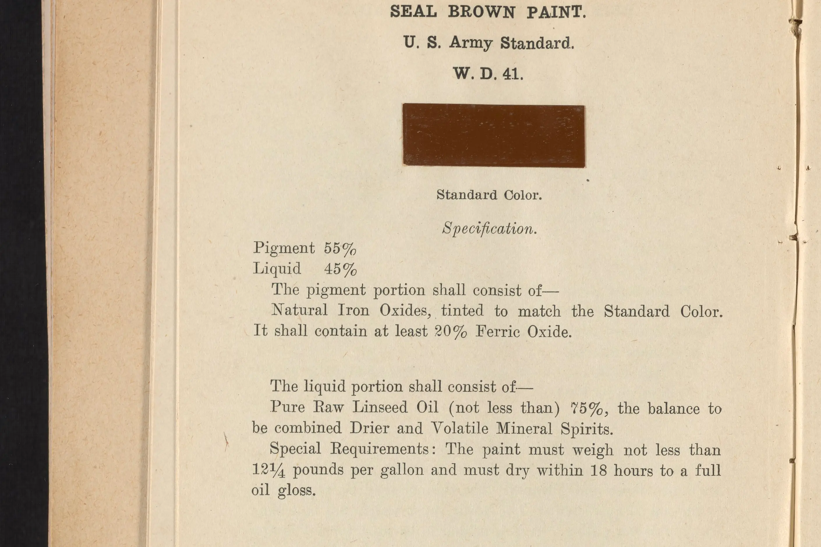 A printed page specifying Seal Brown paint for the US Army, a brown swatch above the pigment and oil formula