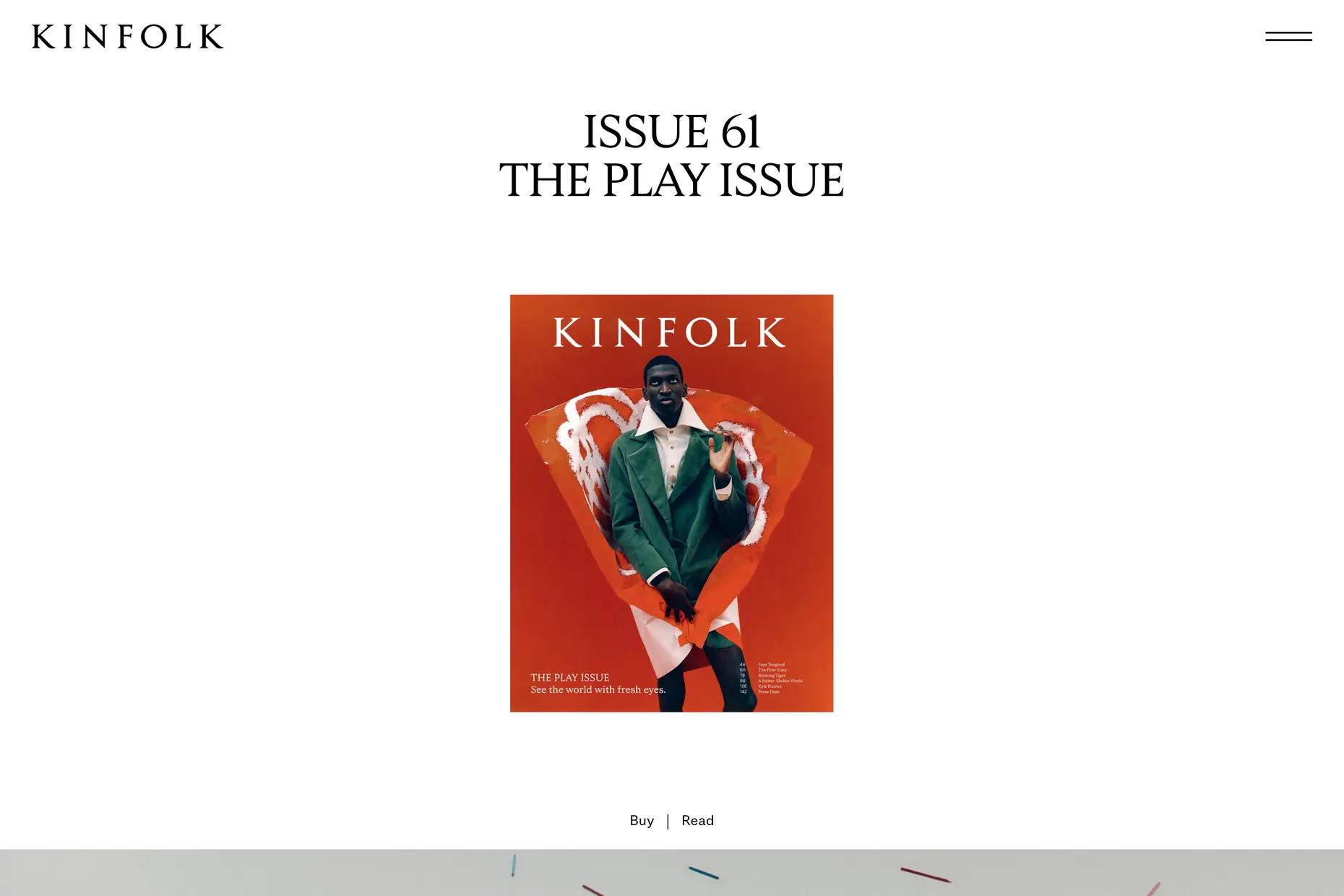 Kinfolk magazine website homepage showing a single cover image on white