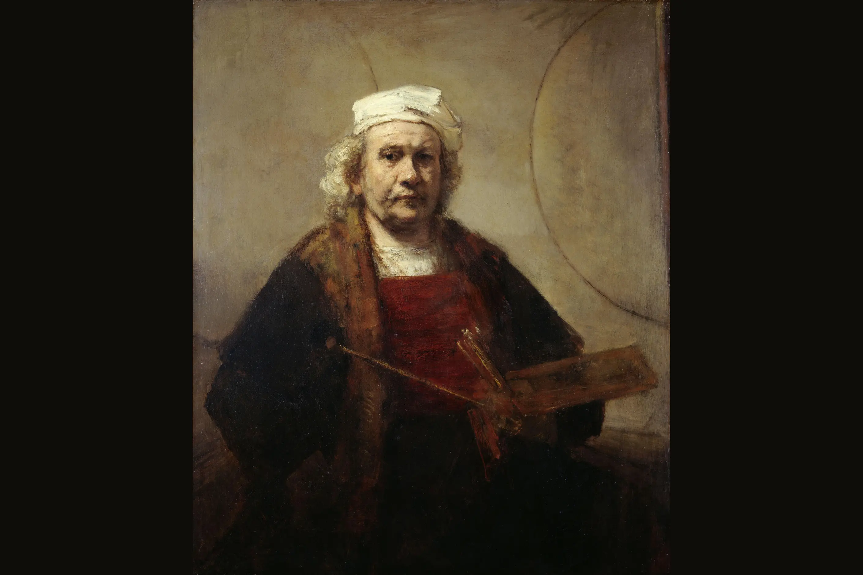 Self-portrait of an older painter in a white cap holding brushes, lit warmly against a pale wall