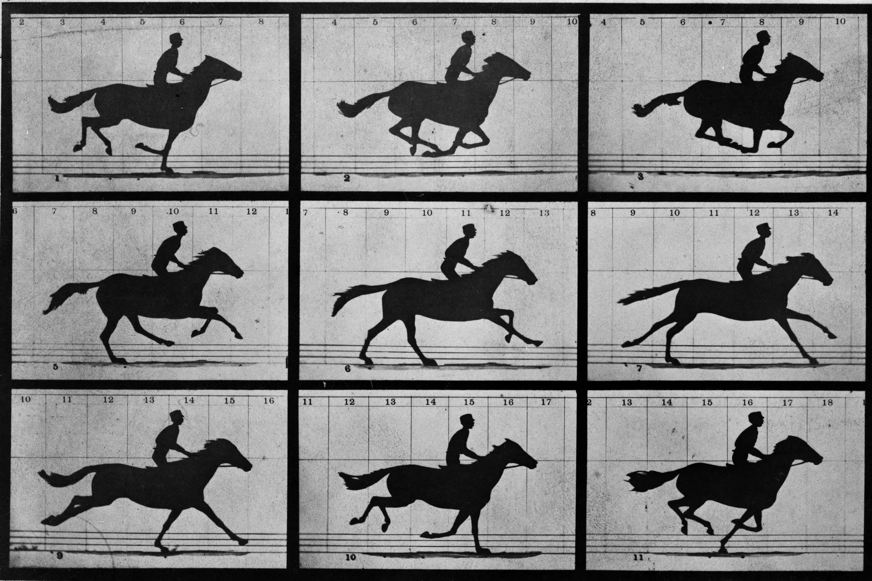 Nine sequential photographs of a galloping horse and rider in silhouette, each frame a fraction of a second apart