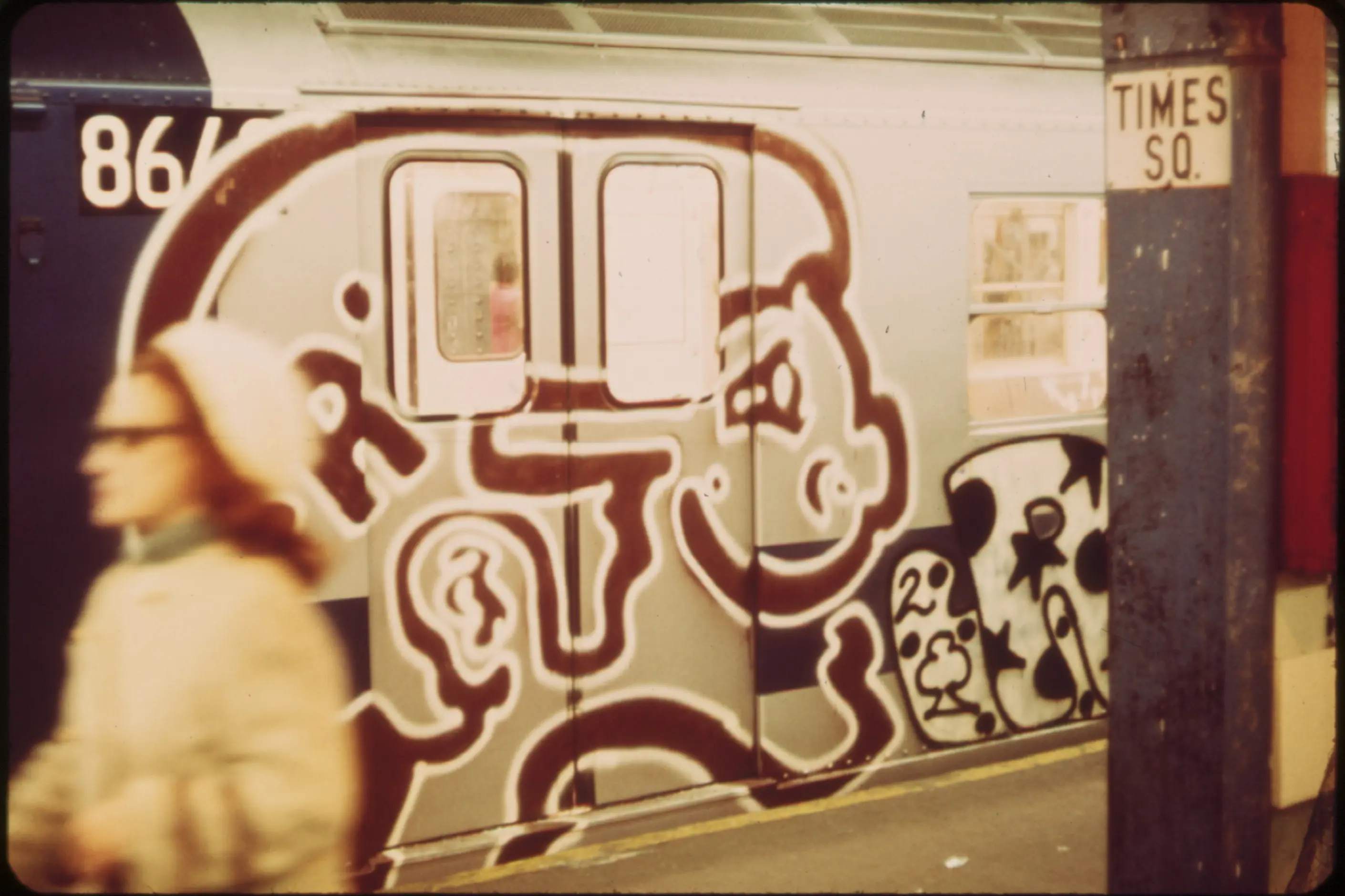 Graffiti-covered subway train at the Times Square station, New York, 1973