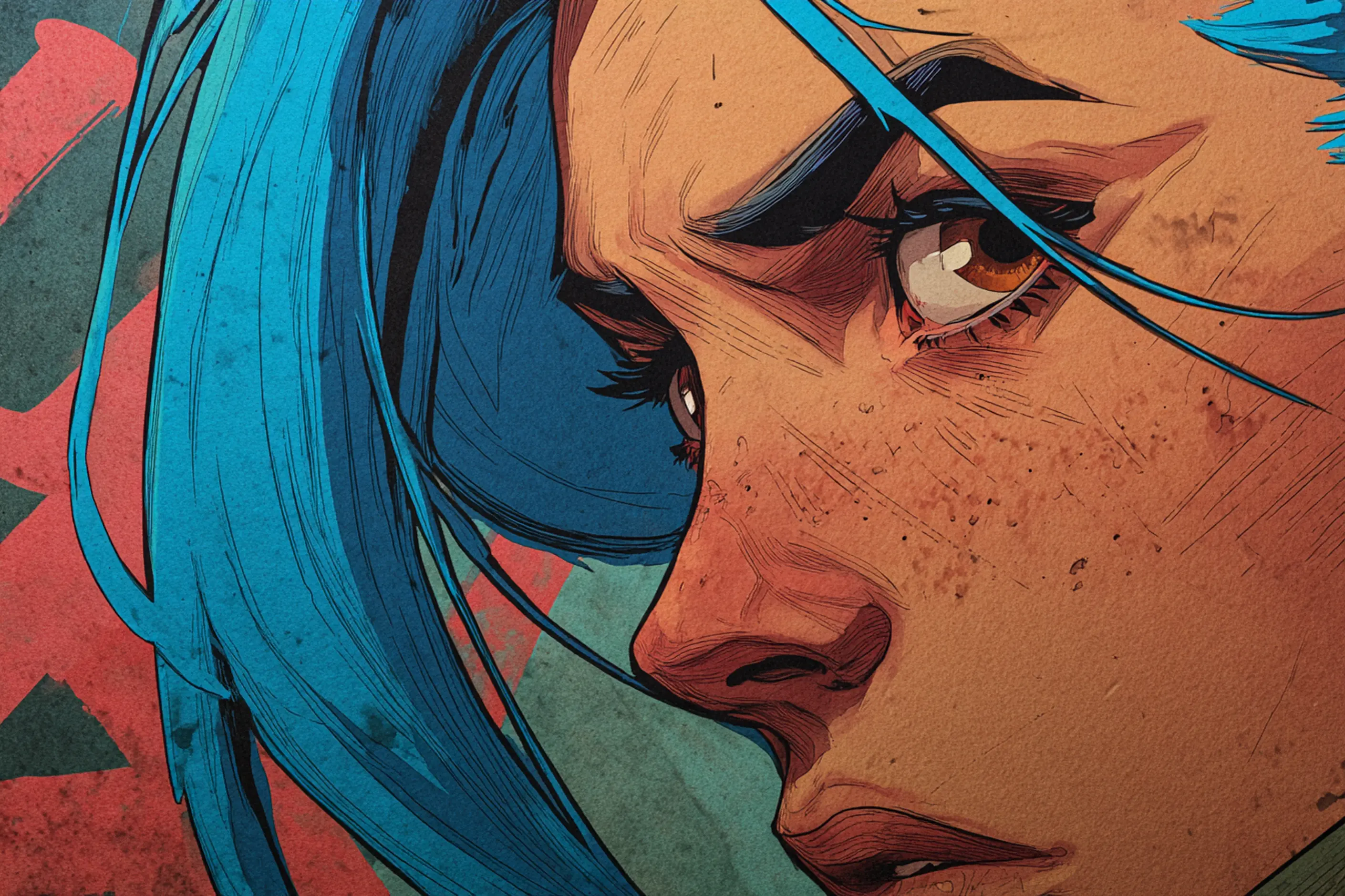 A painted graphic novel close-up of a young woman with long blue hair and a freckled, determined face