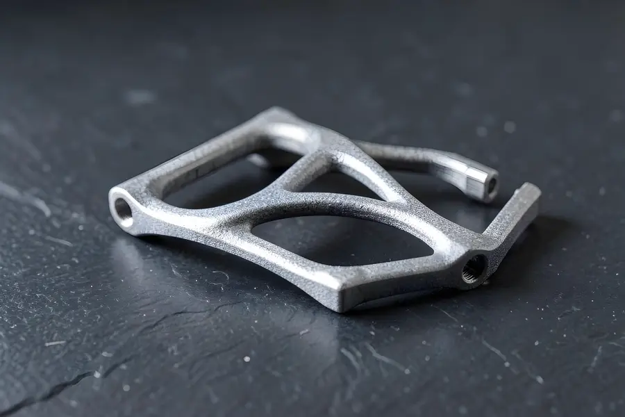 A grey 3D printed titanium bracket with branching organic struts following its load paths, on dark slate
