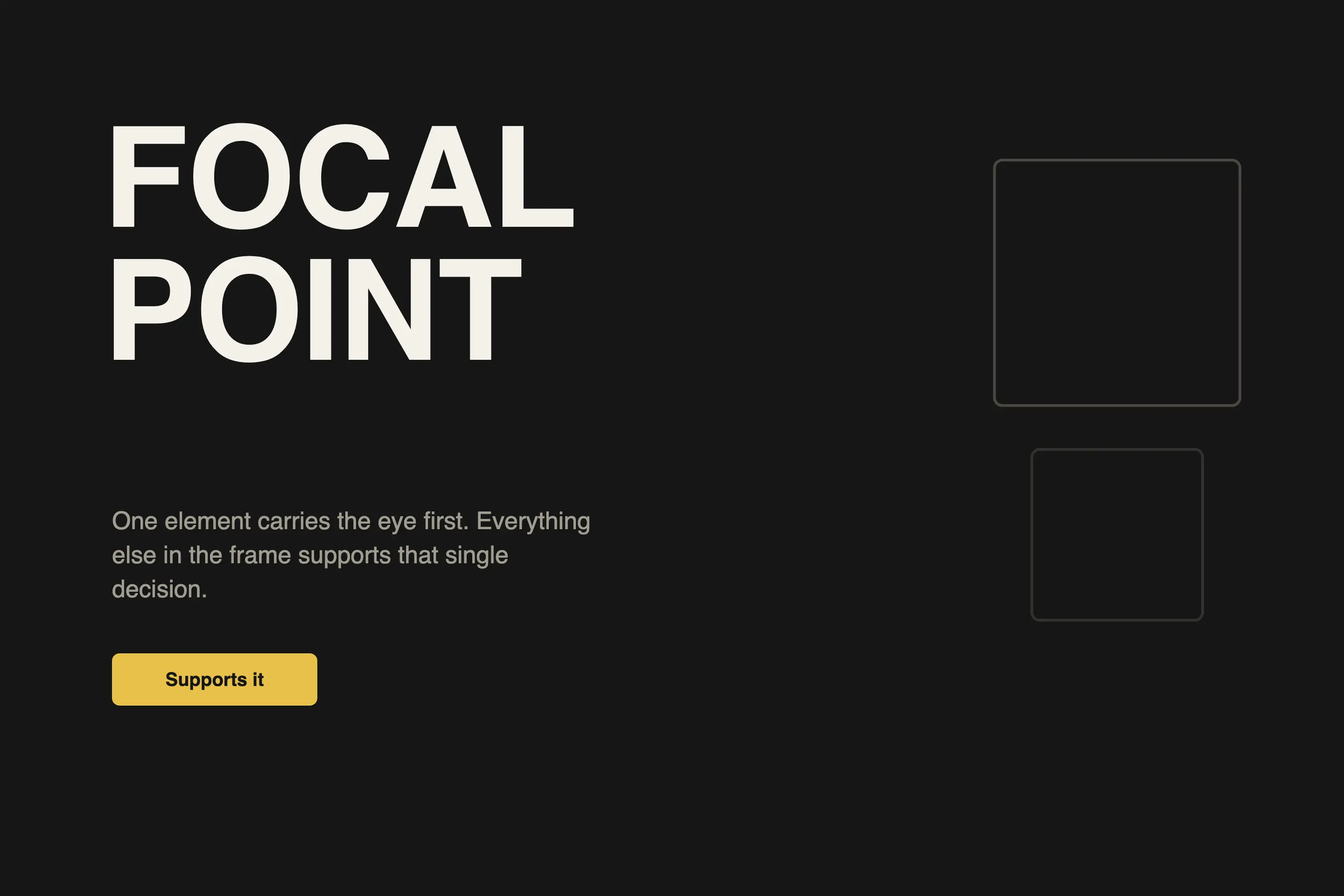 Large bold headline reading focal point beside two smaller supporting shapes