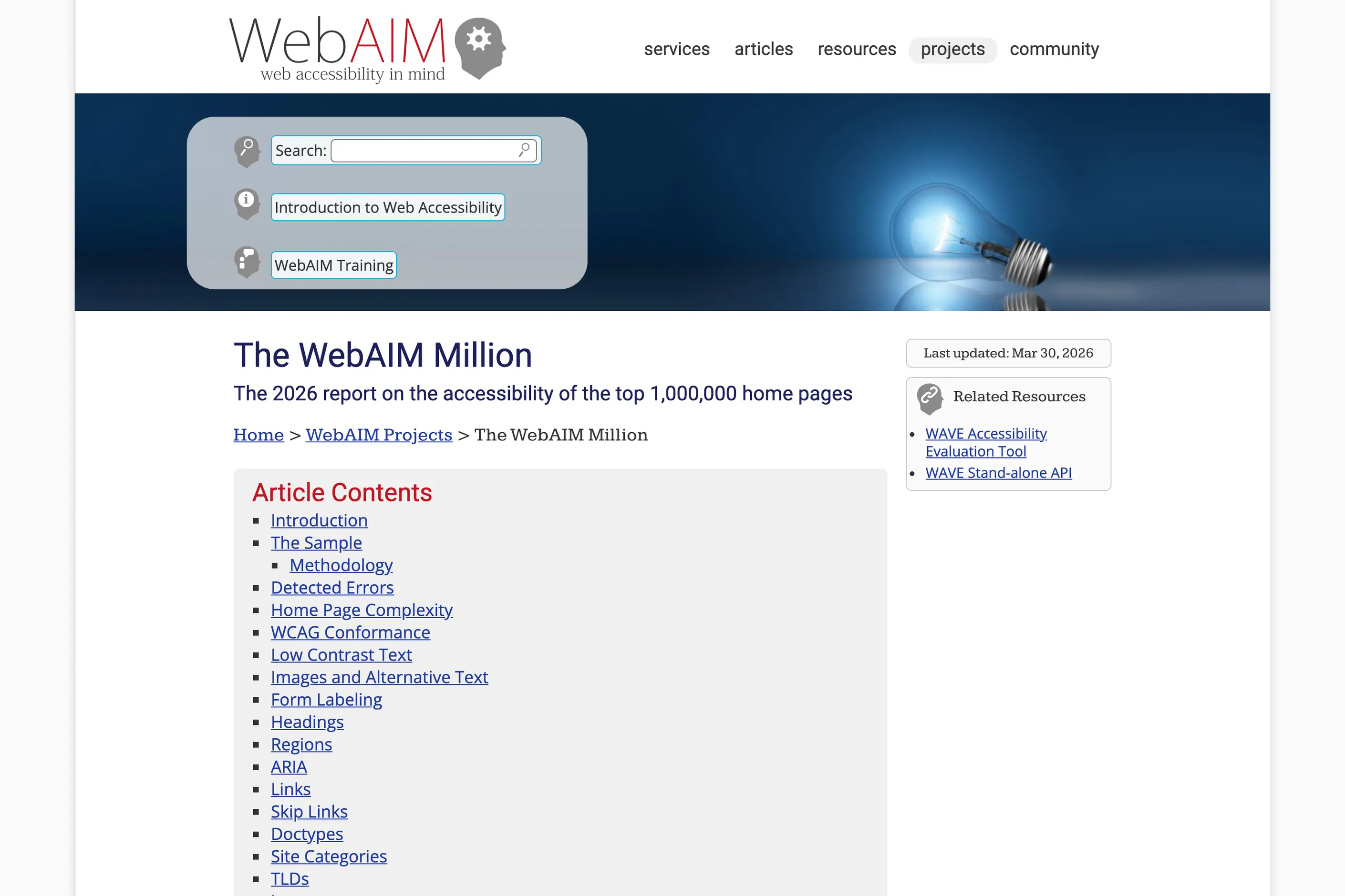 WebAIM website page titled The WebAIM Million with a lit lightbulb graphic