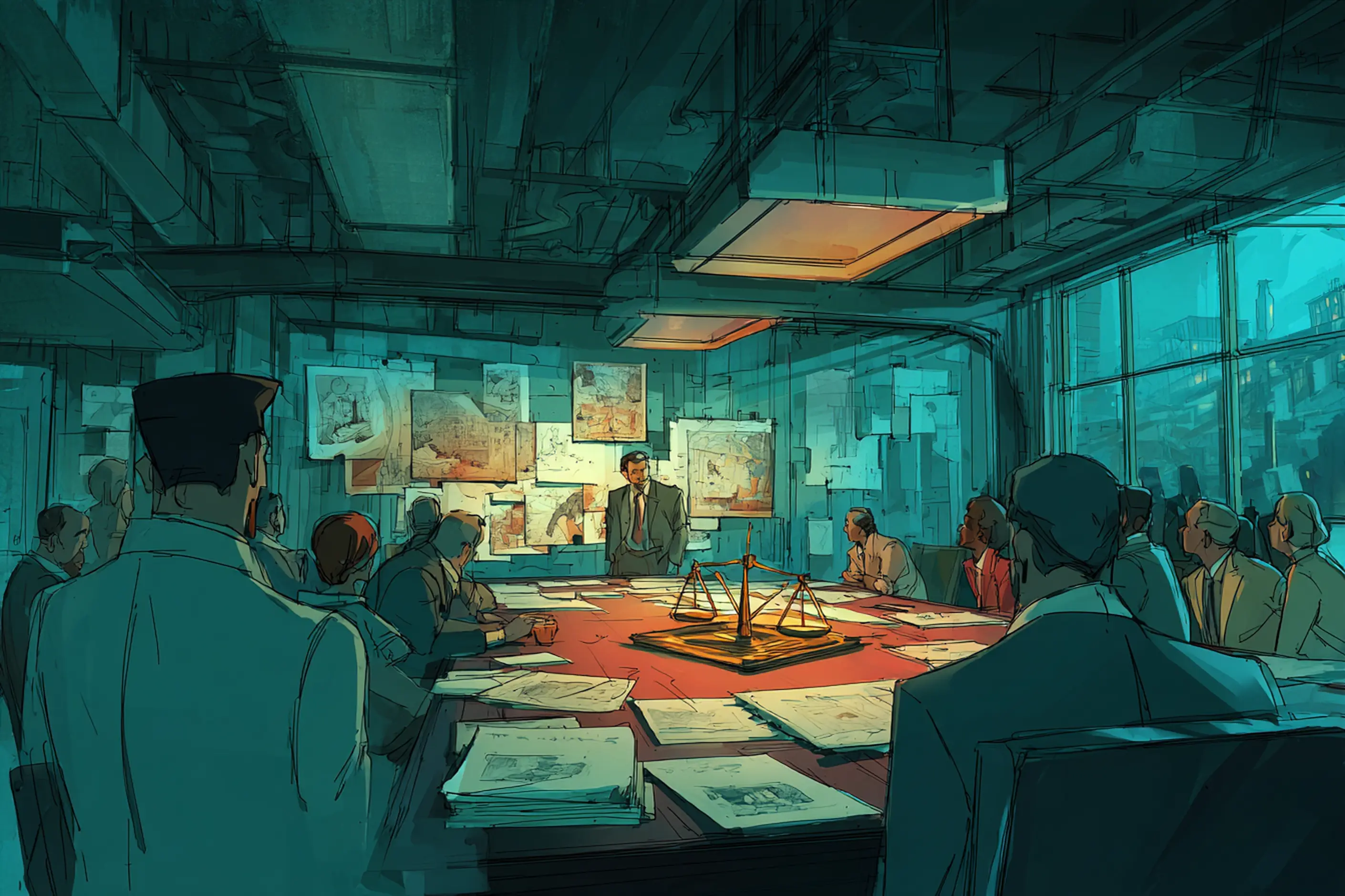 Directors round a boardroom table with a set of scales at its centre, drawings pinned behind