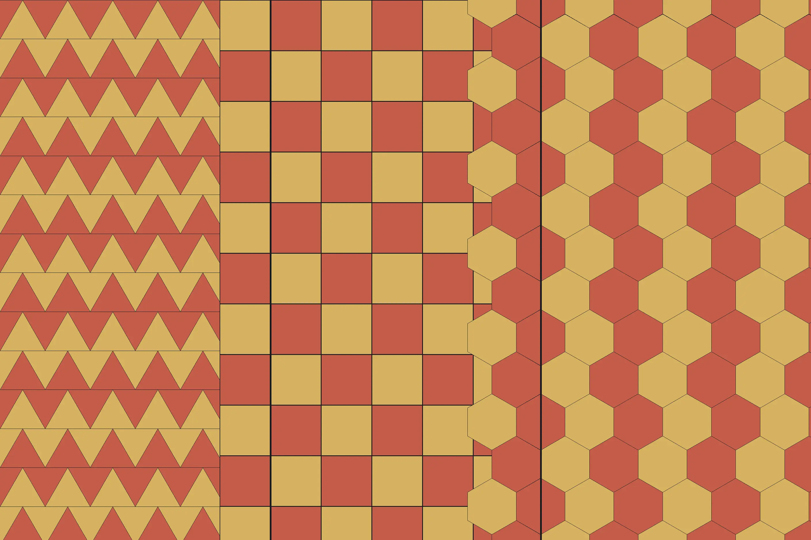 Three panels tiling a plane exactly with triangles, squares and hexagons